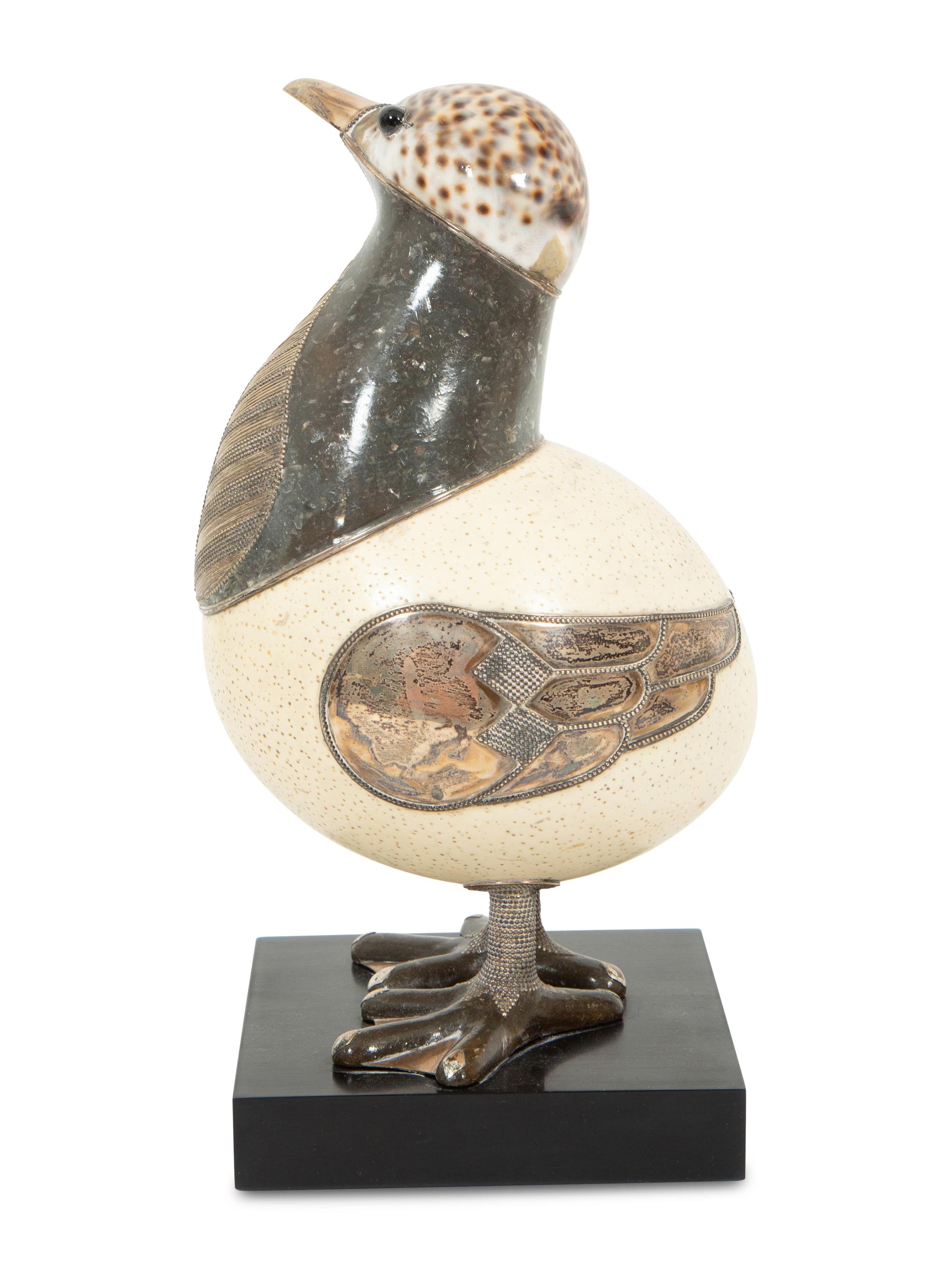 A Roberto Estevez Duck Ostrich Egg and Silver Sculpture
