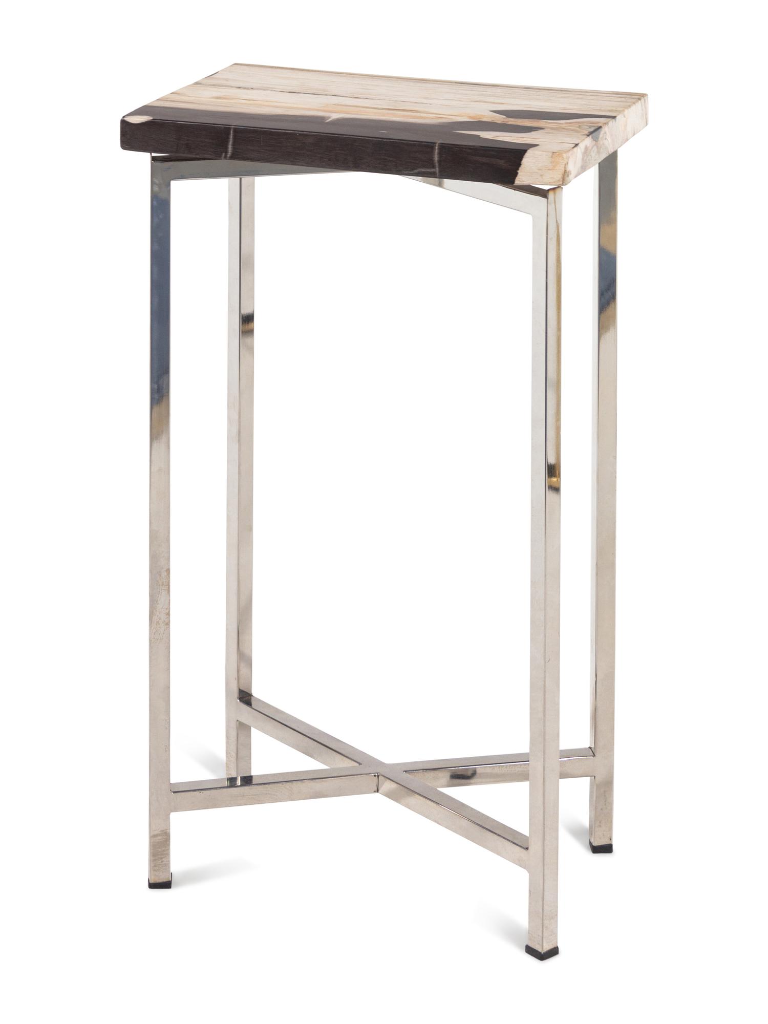 A Contemporary Brass and Haircalf Chair and a Contemporary Petrified Wood and Steel Side Table