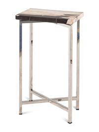 A Contemporary Brass and Haircalf Chair and a Contemporary Petrified Wood and Steel Side Table