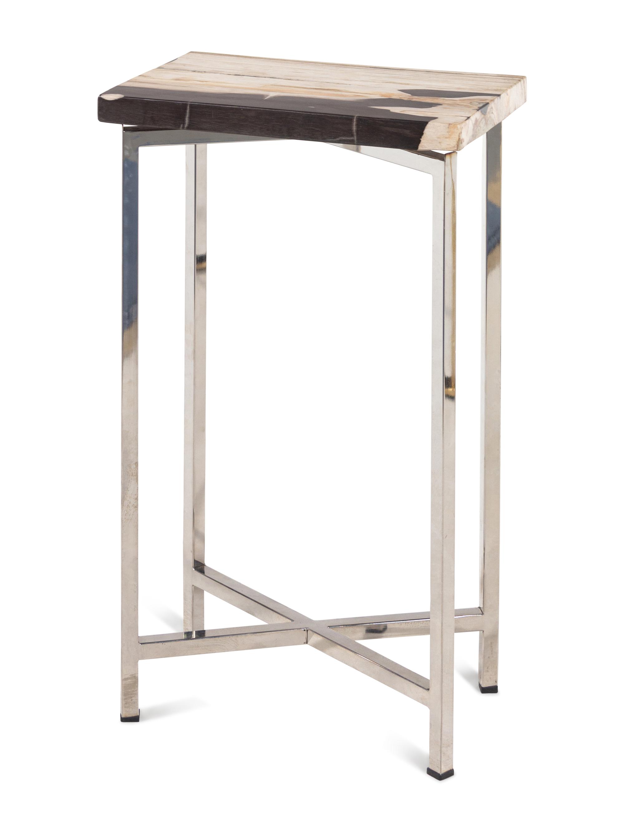 A Contemporary Brass and Haircalf Chair and a Contemporary Petrified Wood and Steel Side Table