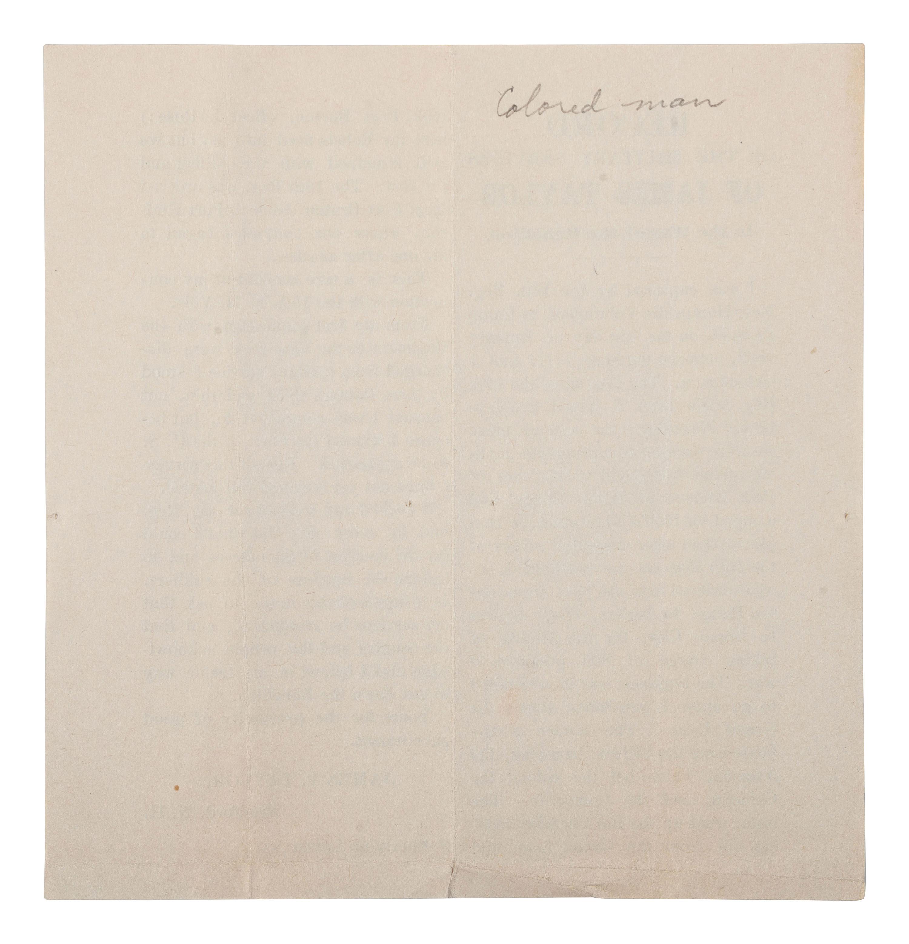 [CIVIL WAR]. Printed plea for recognition from a Black camp follower from Louisiana, who served with the 16th New Hampshire Volunteer Infantry. N.d.