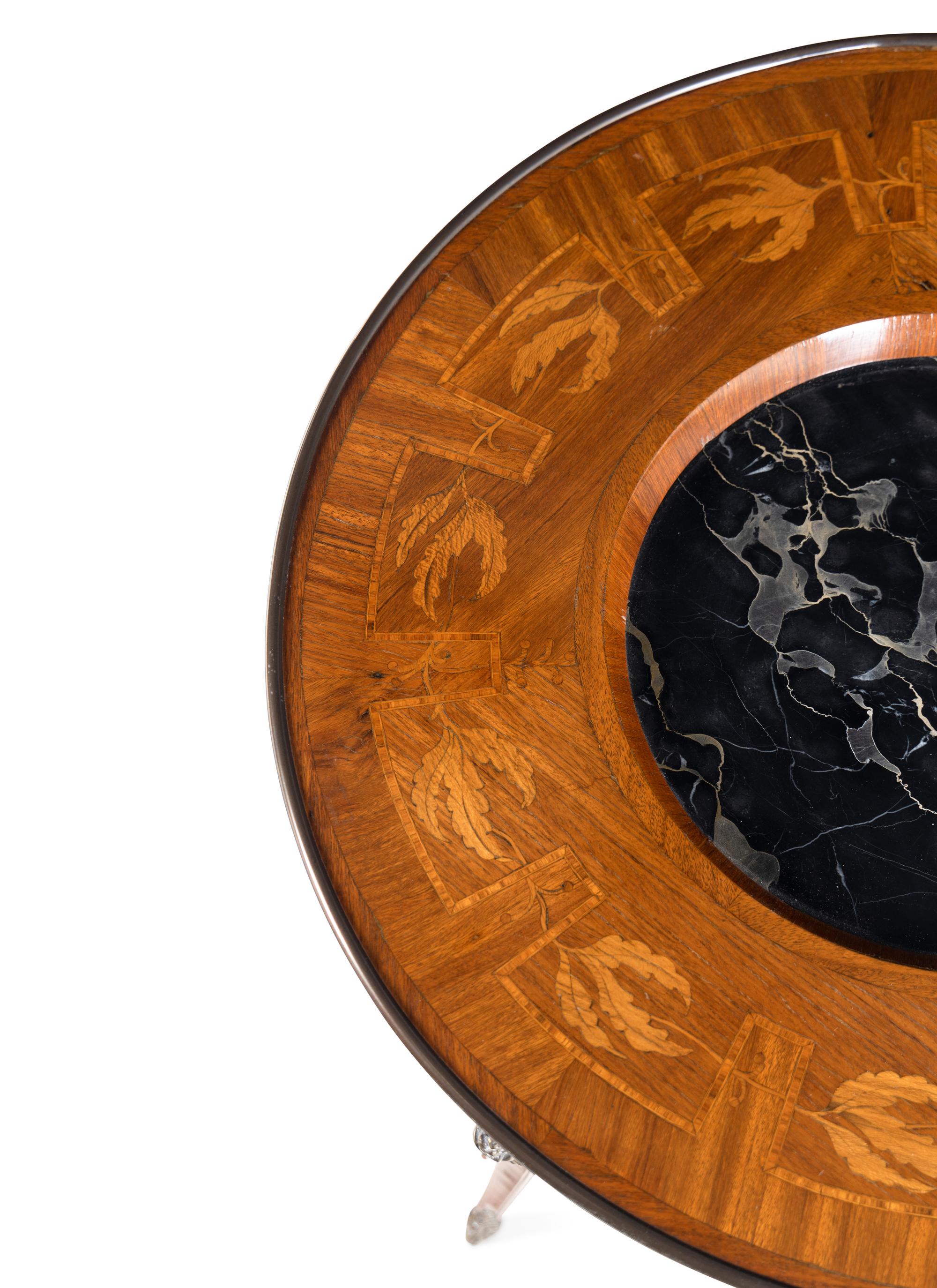 A Louis XVI Style Bronze Mounted Marquetry Marble-Inset Side Table