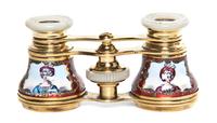 A Pair of Continental Enameled Brass Opera Glasses, Width 4 inches.
