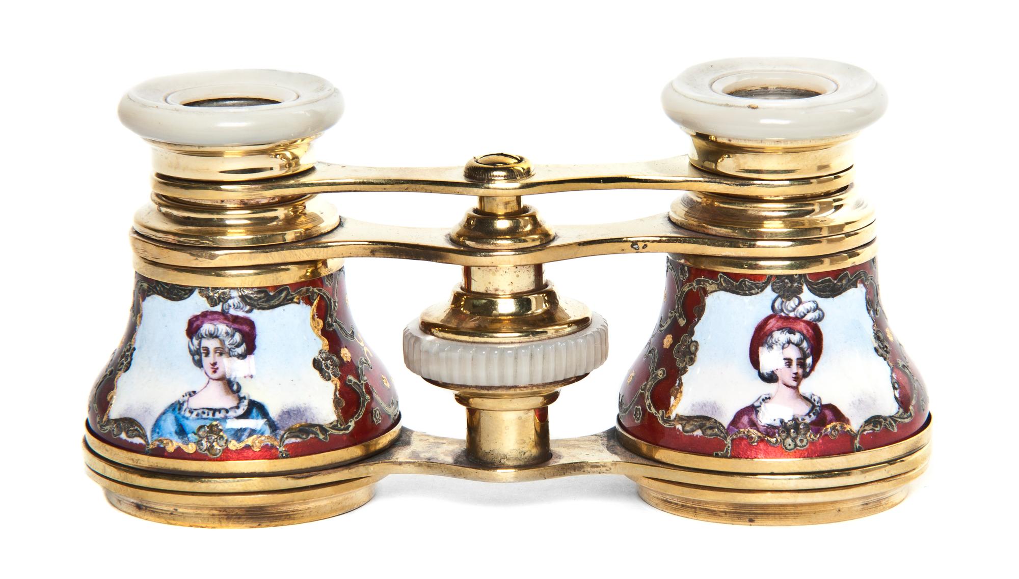 A Pair of Continental Enameled Brass Opera Glasses, Width 4 inches.