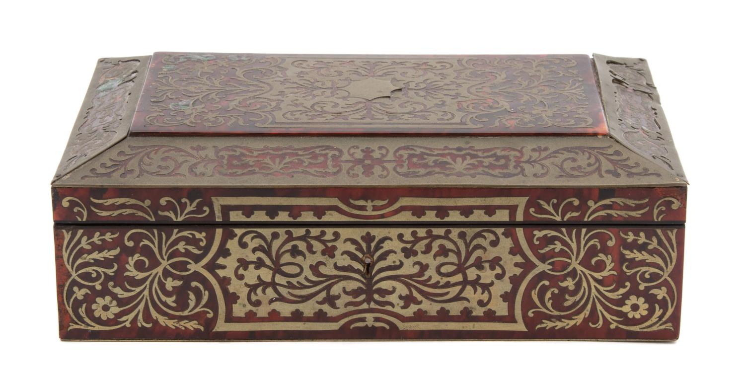A Boulle Style Tortoiseshell and Bronze Overlay Covered Box Height 3 x width 9 inches. — 19TH CENTURY
