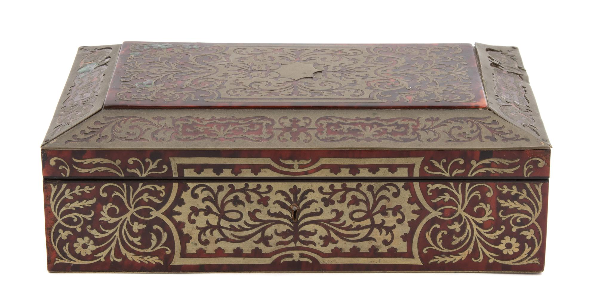 A Boulle Style Tortoiseshell and Bronze Overlay Covered Box Height 3 x width 9 inches. — 19TH CENTURY