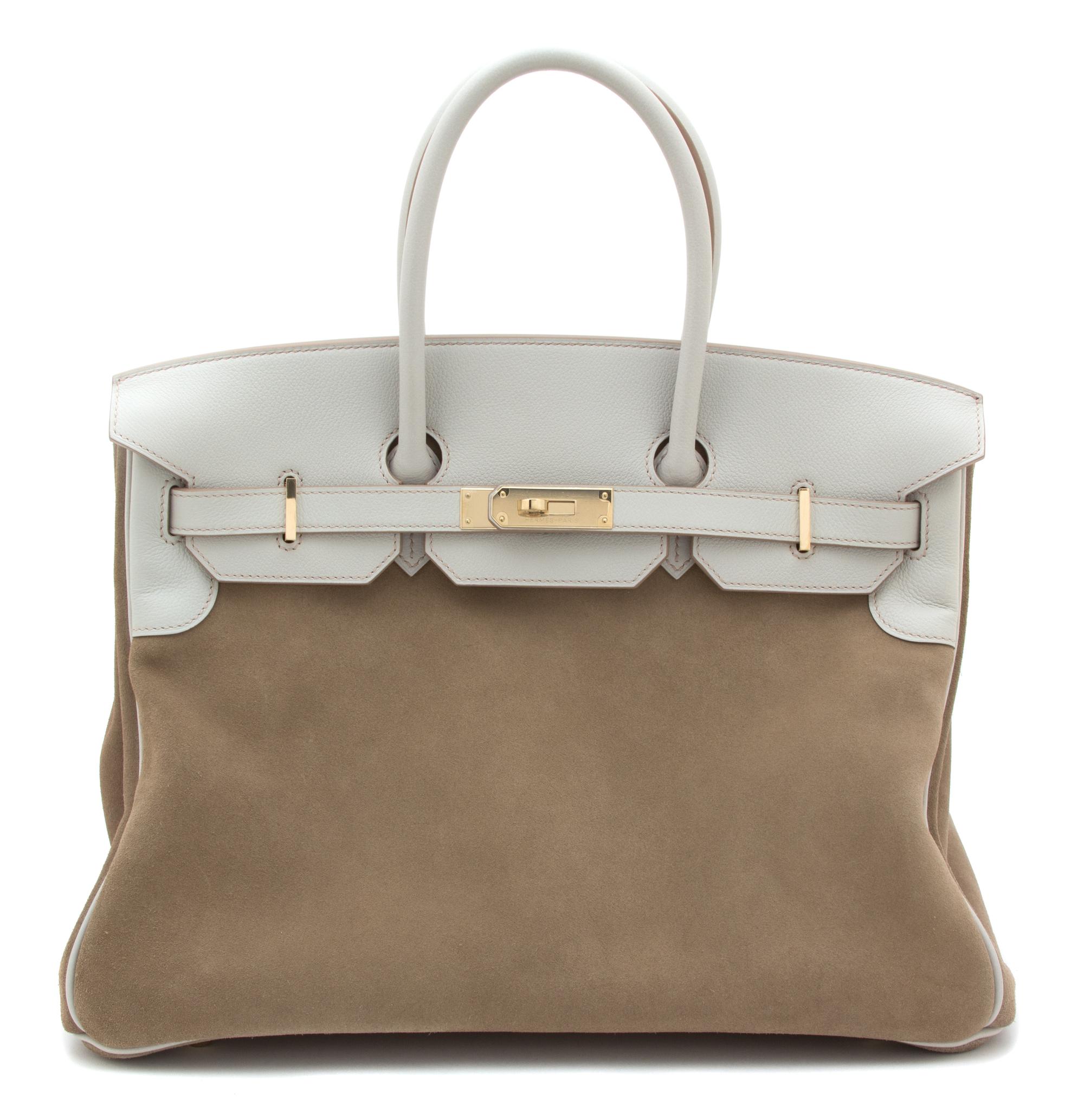 An Hermes Gris Pearl and Gris Caillou Grizzly 35cm Birkin Handbag, 14" x 10" x 7"; Handle drop: 4".