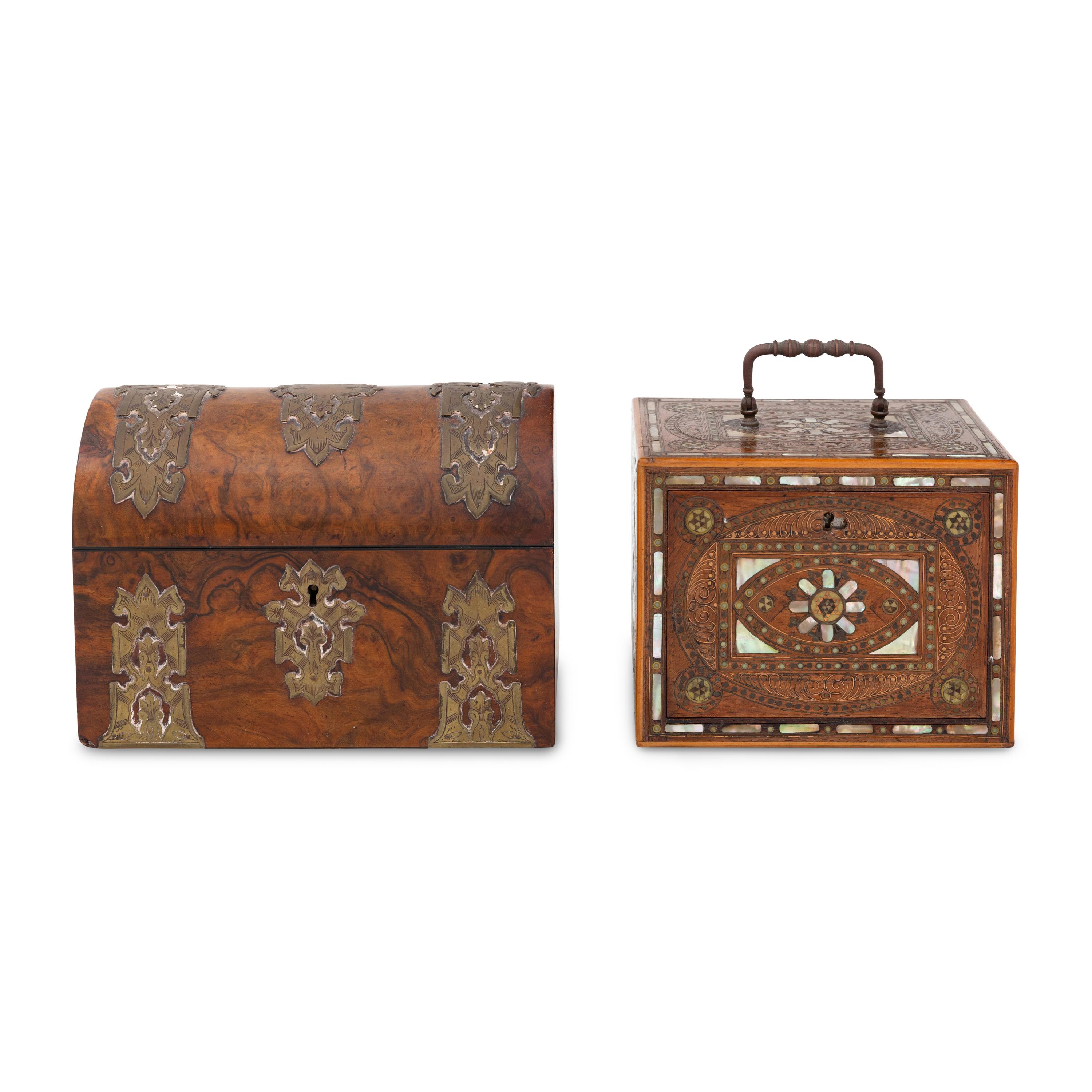 A Mother-Of-Pearl Inlaid Jewelry Case and An English Dome-Top Yew Wood Box