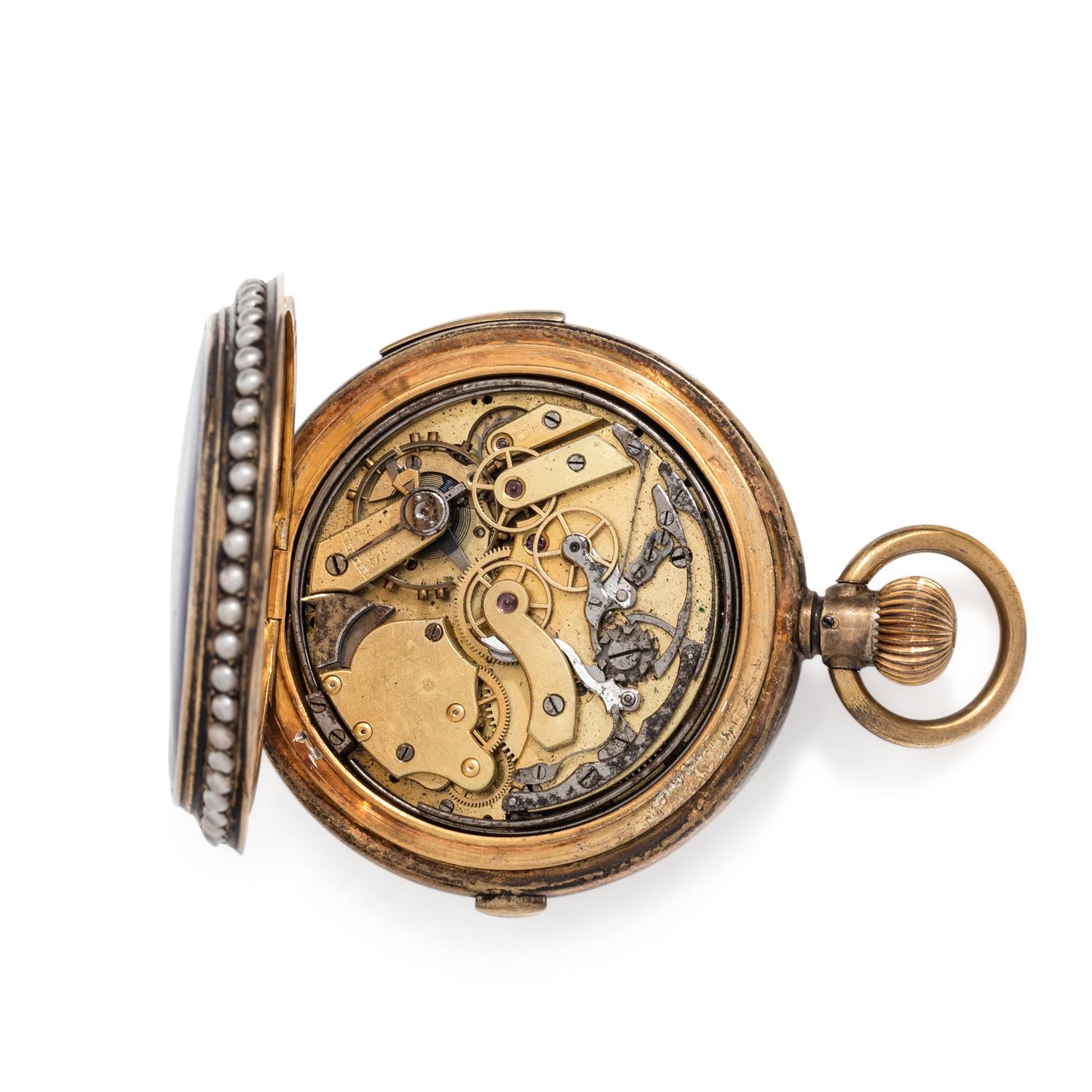 SILVER GILT, ENAMEL AND PEARL CHRONOGRAPH HUNTER CASE POCKET WATCH