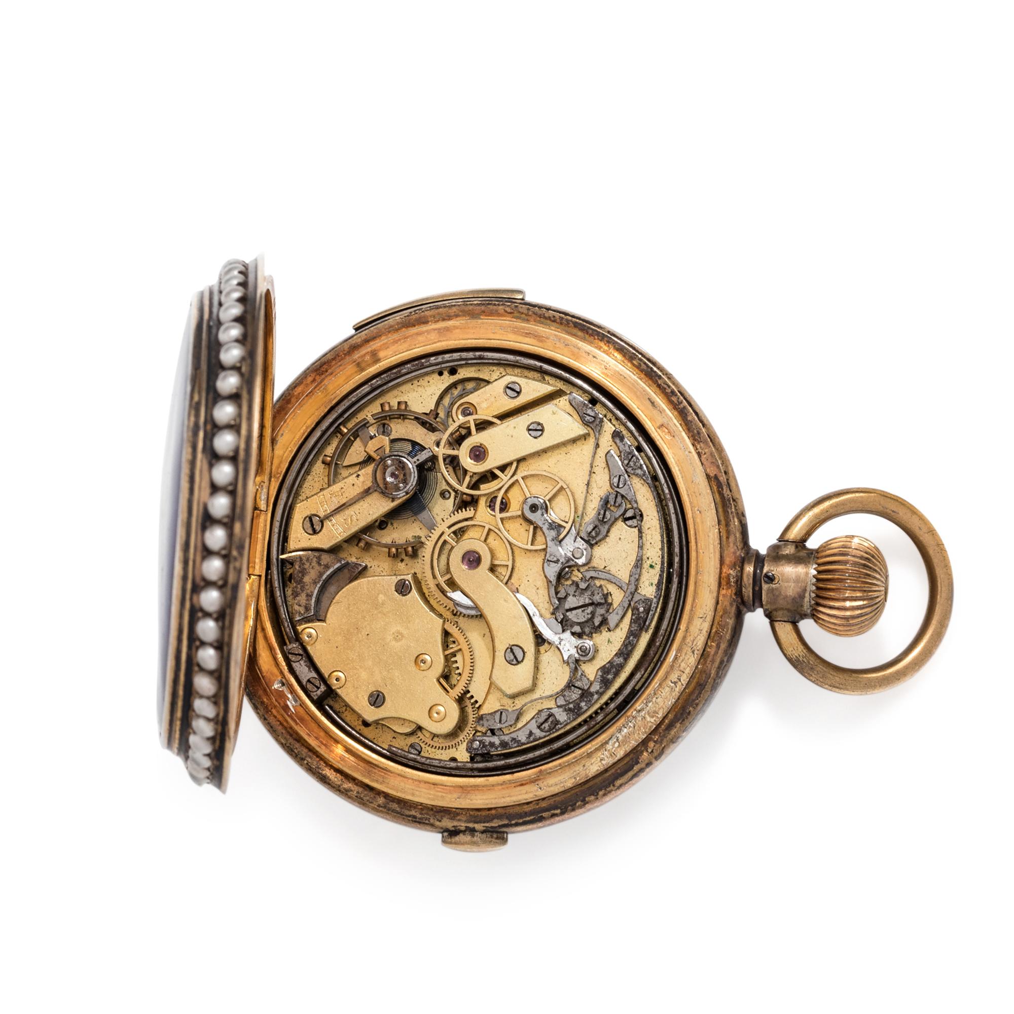 SILVER GILT, ENAMEL AND PEARL CHRONOGRAPH HUNTER CASE POCKET WATCH