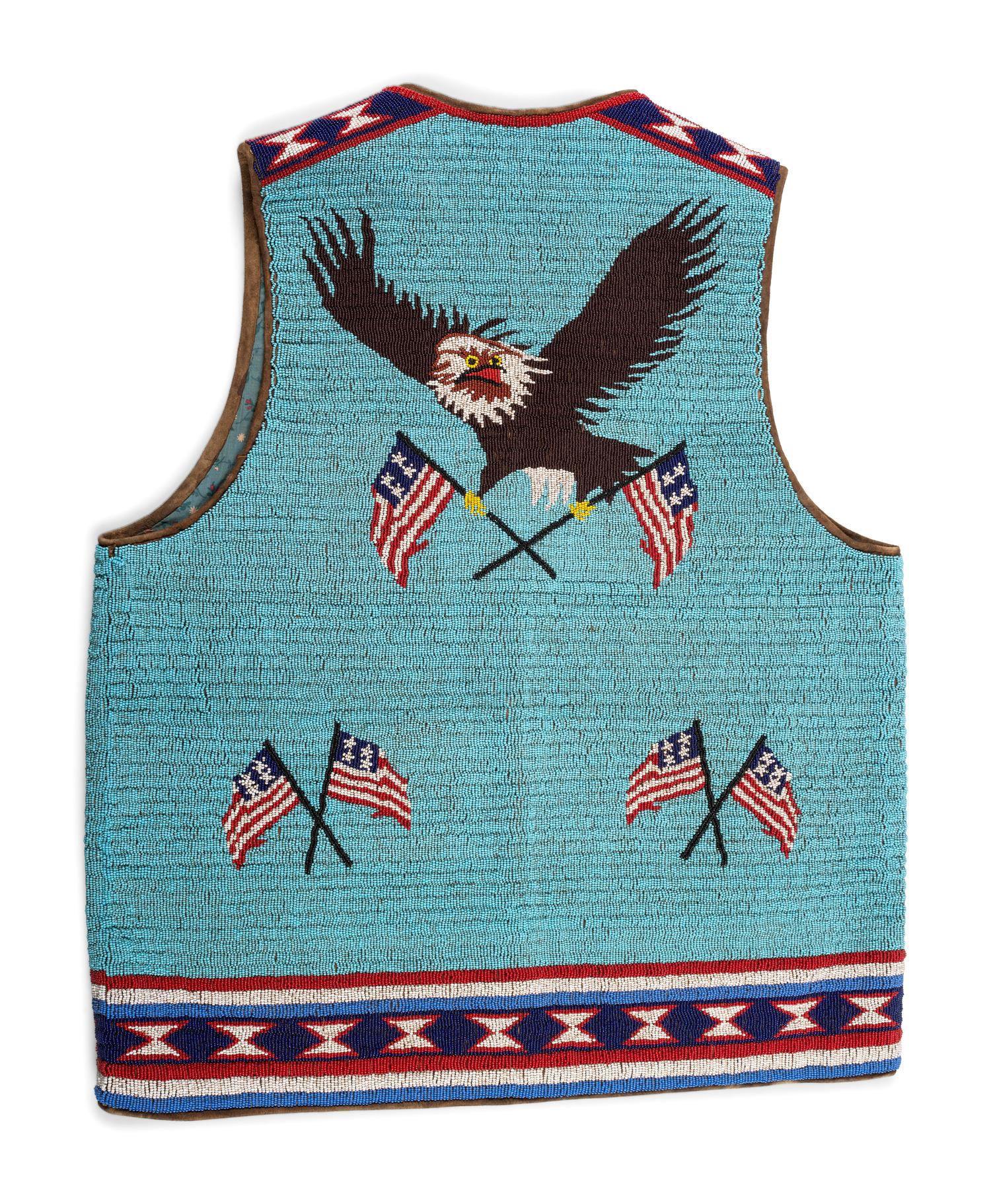 Plains Beaded Hide Vest, with American Flags and Eagle