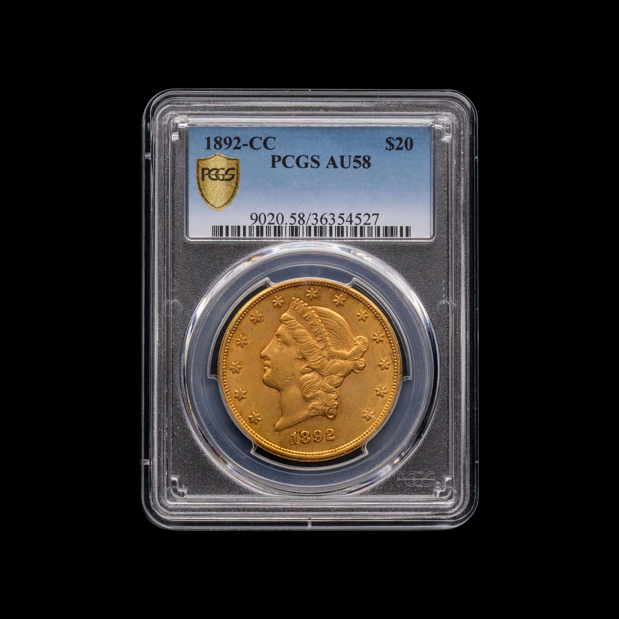 An 1892-CC Liberty Head $20 Gold Coin [PCGS AU58]