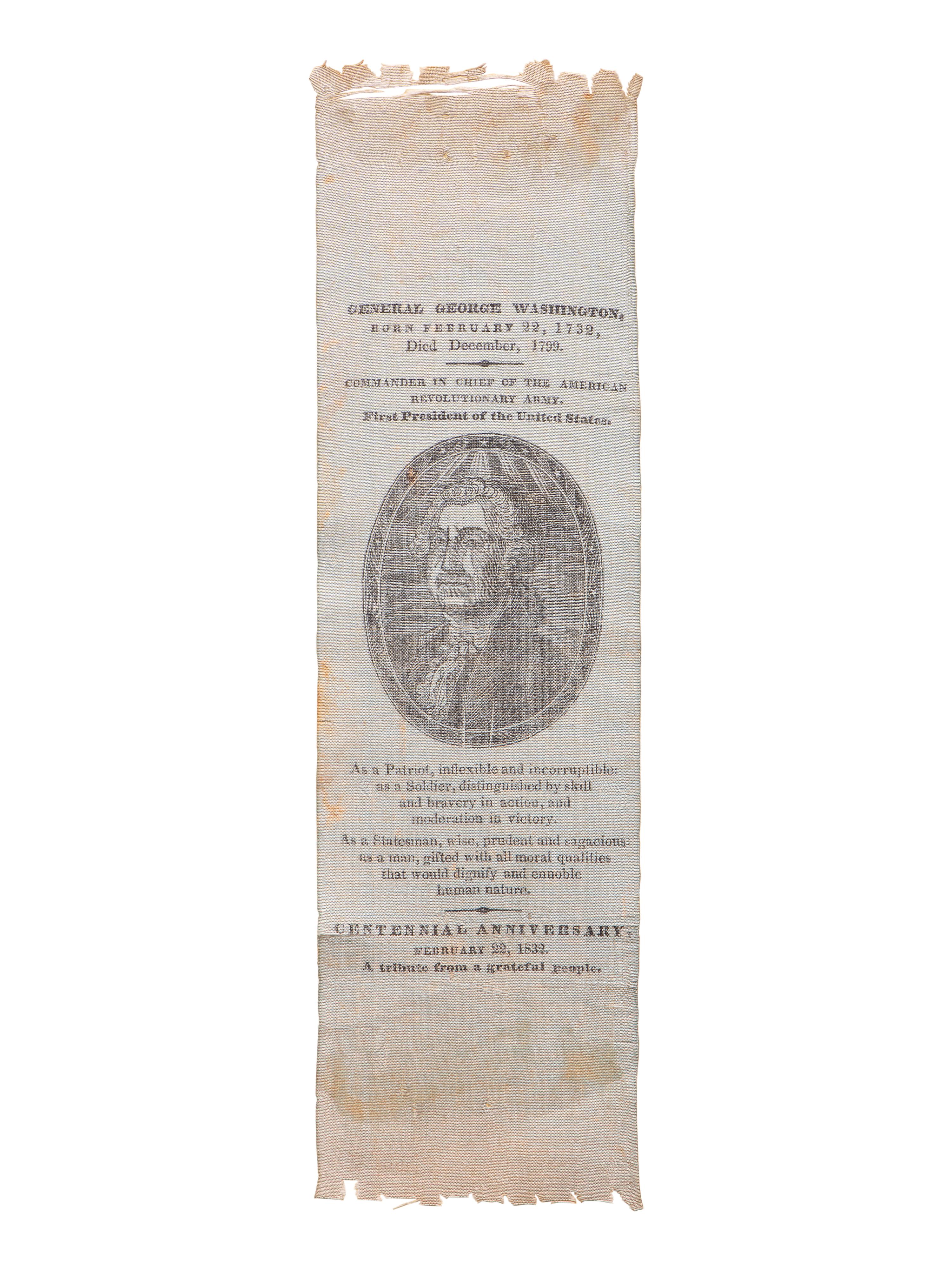 [WASHINGTON, George (1732-1799)]. George Washington centennial birth anniversary ribbon. 1832.