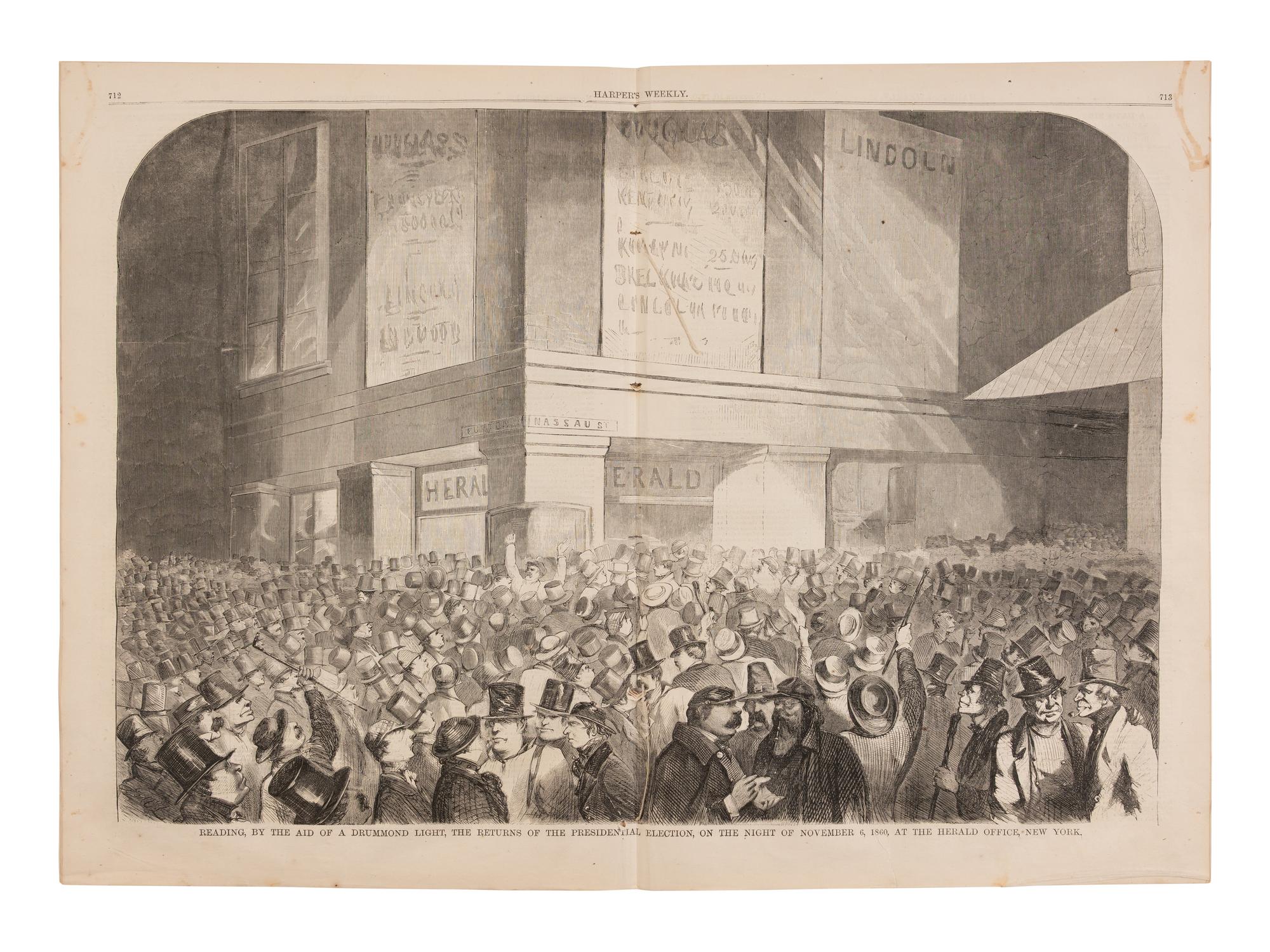 [LINCOLN-HAMLIN CAMPAIGN]. A pair of Harper's Weekly issues profiling Abraham Lincoln, comprising: 26 May and 10 November, 1860.