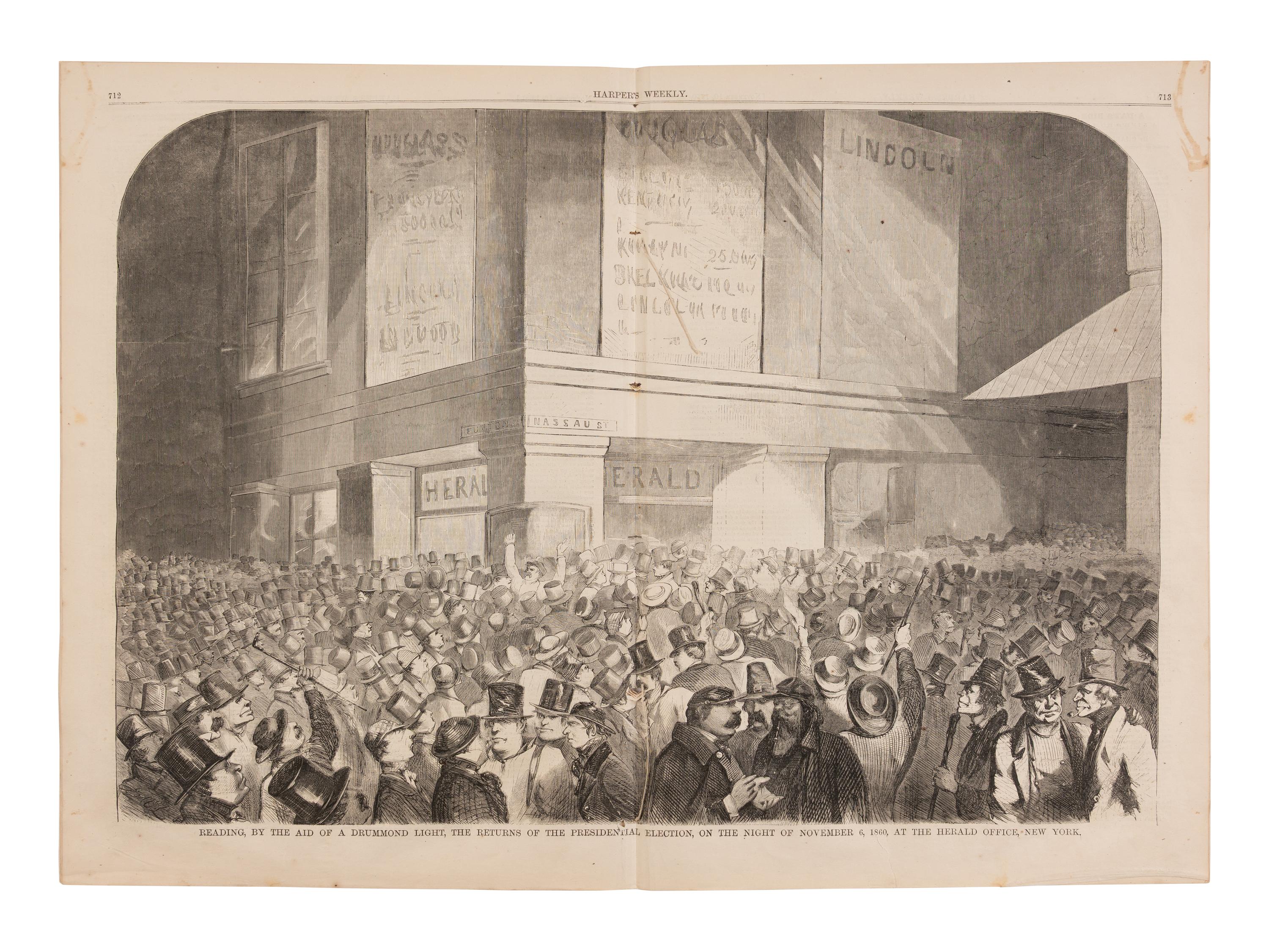 [LINCOLN-HAMLIN CAMPAIGN]. A pair of Harper's Weekly issues profiling Abraham Lincoln, comprising: 26 May and 10 November, 1860.
