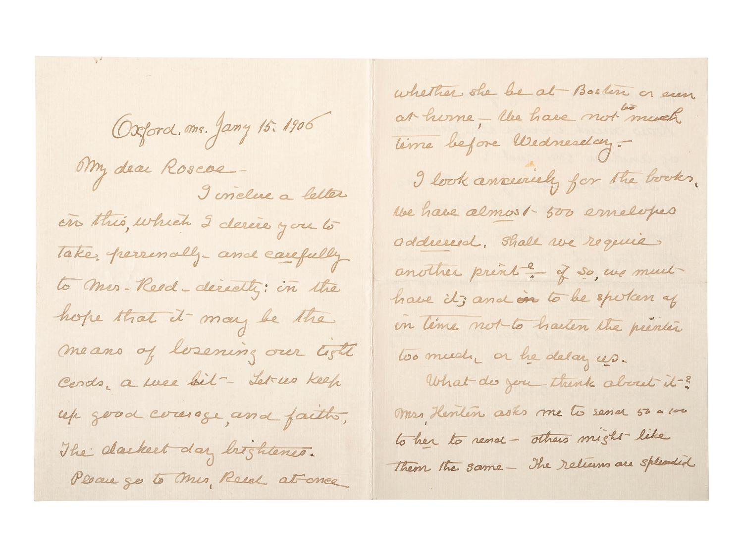 [AMERICAN RED CROSS]. BARTON, Clara (1821-1912). Autograph letter signed ("Clara Barton"). Oxford, MS, 15 January 1906. [ With :] WWI Red Cross poster, flag, and nurse's cap.