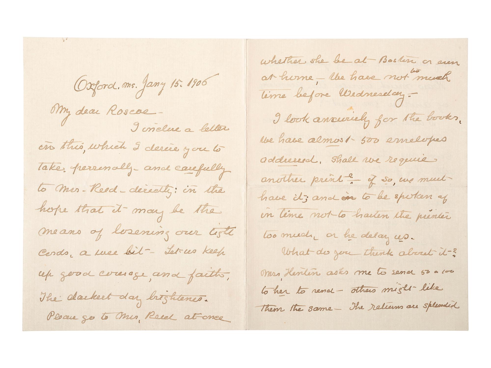[AMERICAN RED CROSS]. BARTON, Clara (1821-1912). Autograph letter signed ("Clara Barton"). Oxford, MS, 15 January 1906. [ With :] WWI Red Cross poster, flag, and nurse's cap.