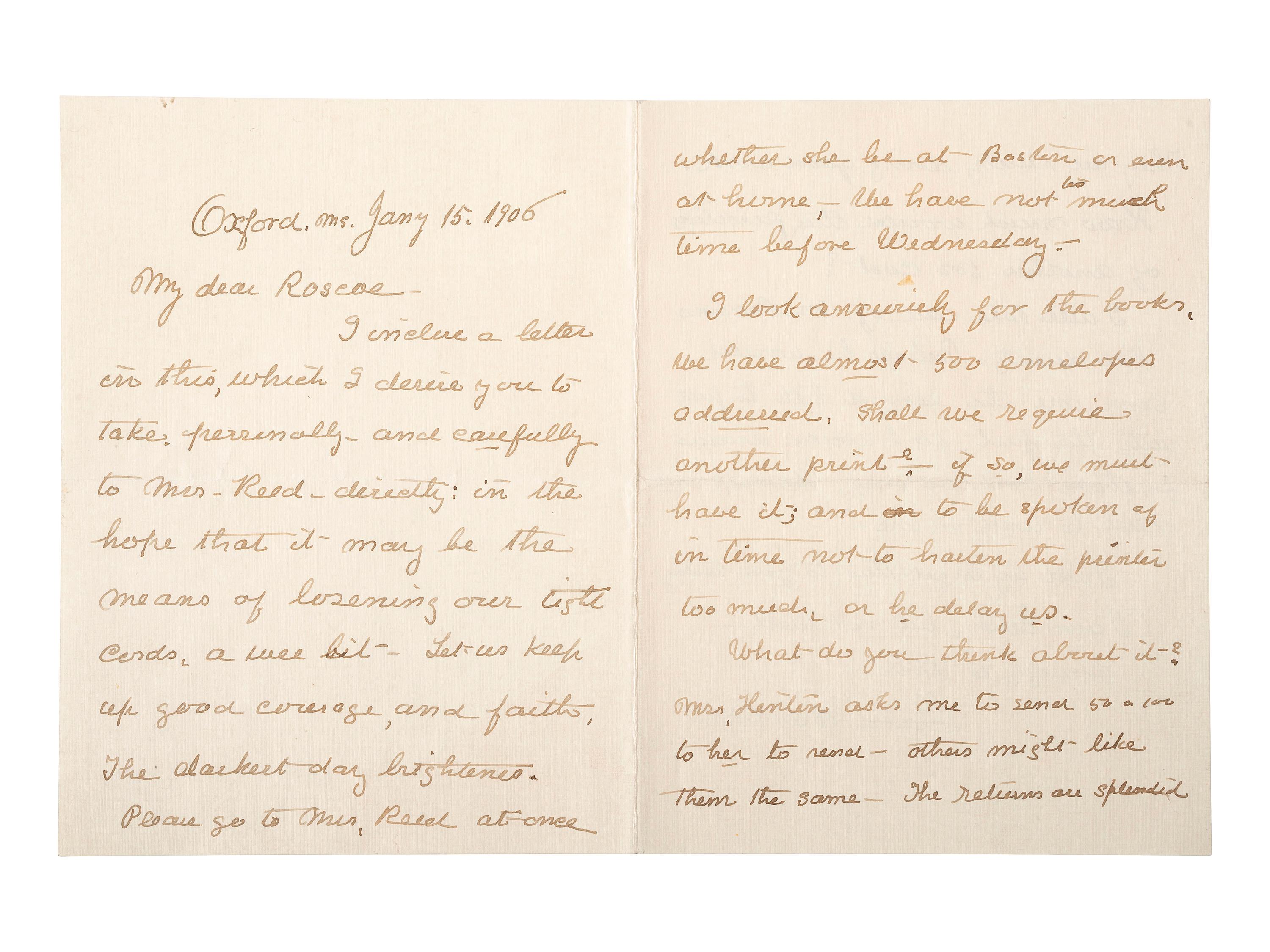 [AMERICAN RED CROSS]. BARTON, Clara (1821-1912). Autograph letter signed ("Clara Barton"). Oxford, MS, 15 January 1906. [ With :] WWI Red Cross poster, flag, and nurse's cap.