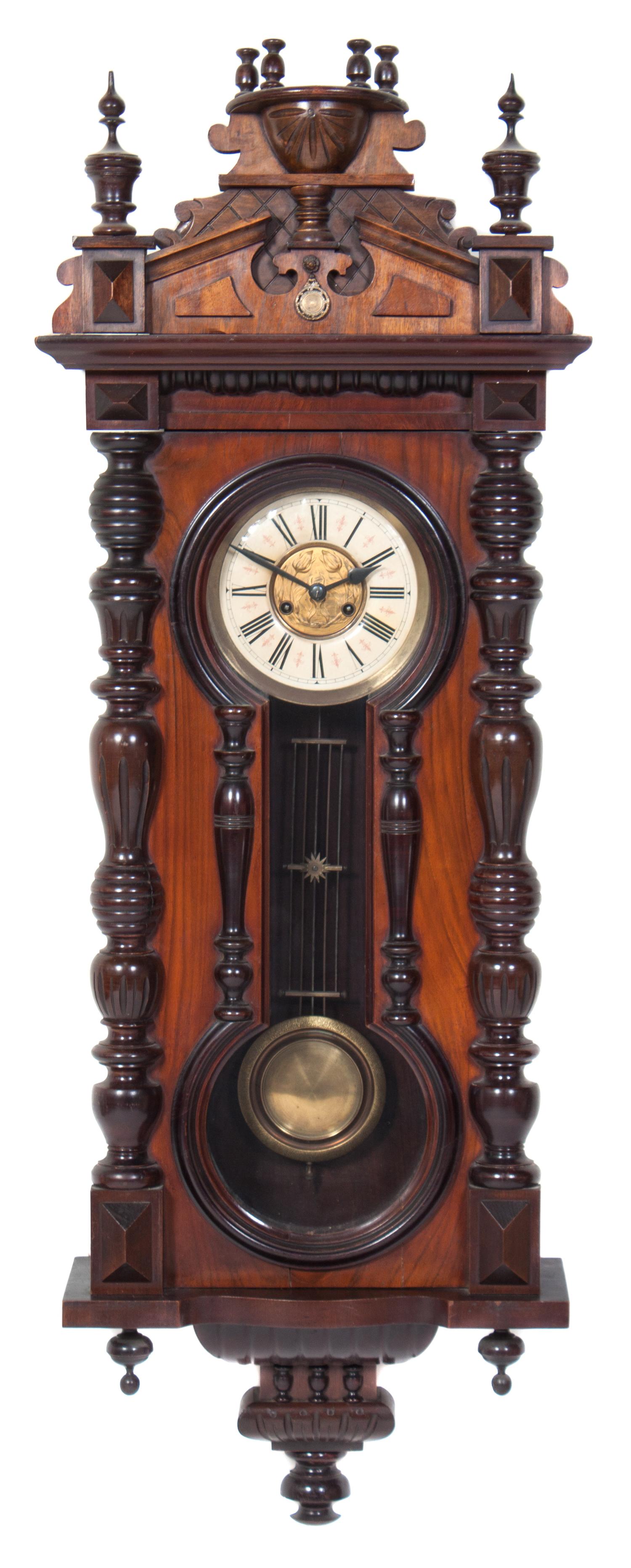 A Victorian Walnut Regulator Clock Height 44 1/4 x width 18 1/2 inches. — LATE 19TH CENTURY