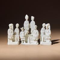 Three Chinese Blanc-de-Chine Porcelain Figural Group-Form Joss-Stick Holders, 17th Century — 清早期 德化白瓷塑人像香插三件