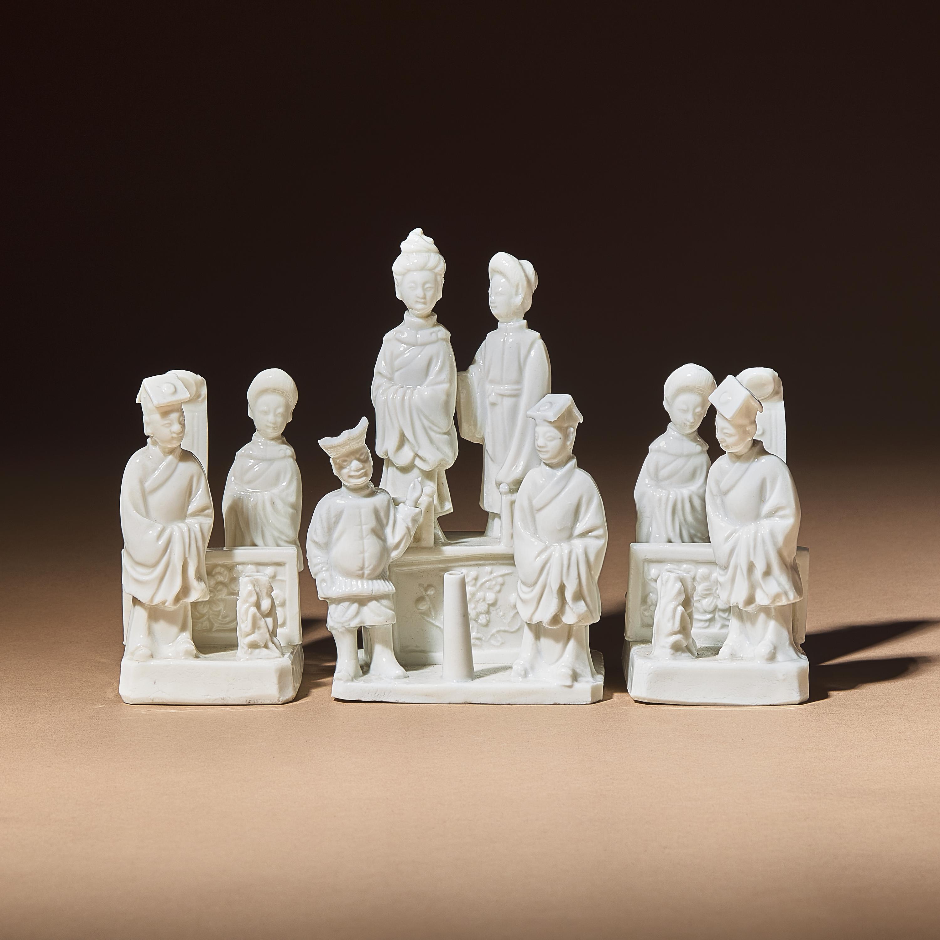 Three Chinese Blanc-de-Chine Porcelain Figural Group-Form Joss-Stick Holders, 17th Century — 清早期 德化白瓷塑人像香插三件