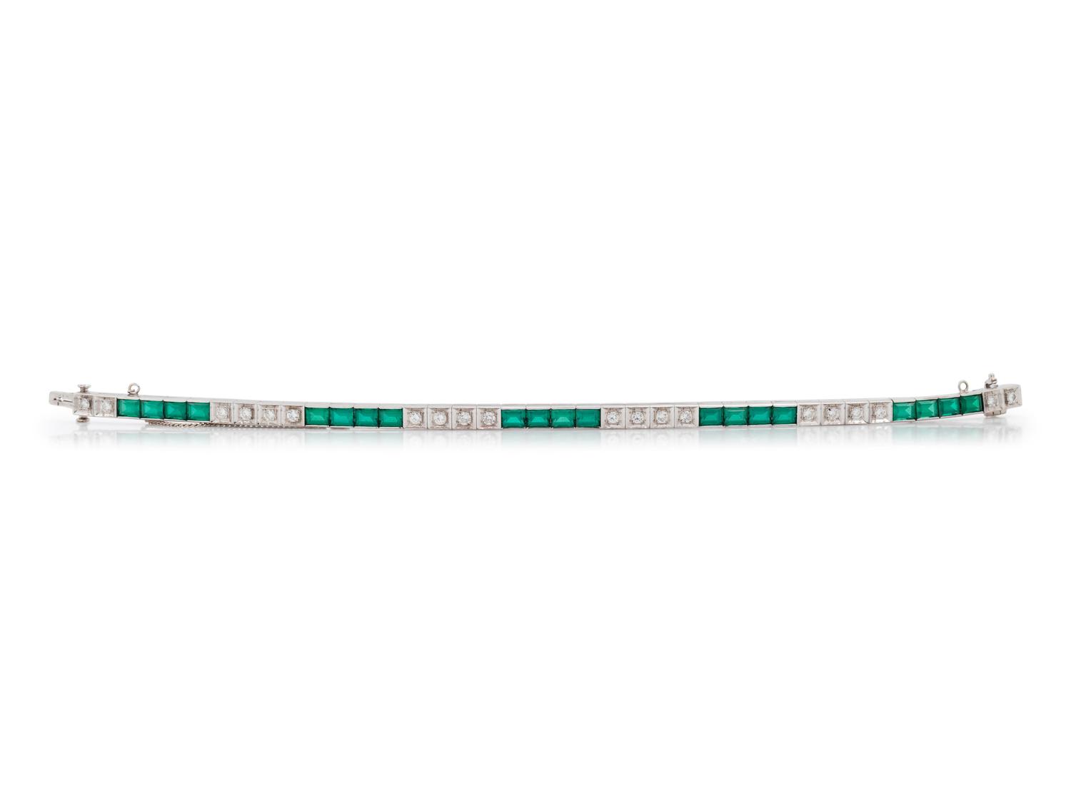 A 14 Karat White Gold, Emerald Simulant and Diamond Bracelet,