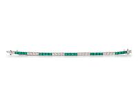 A 14 Karat White Gold, Emerald Simulant and Diamond Bracelet,