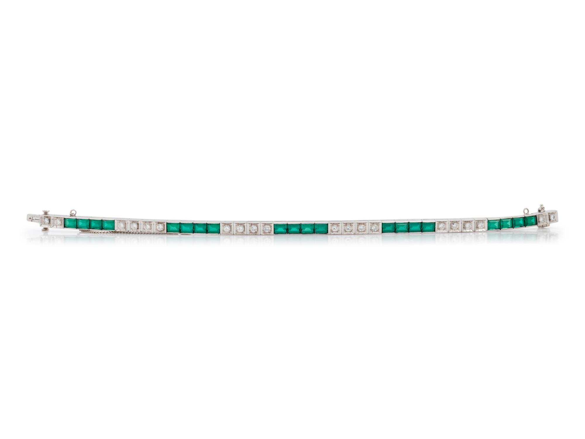 A 14 Karat White Gold, Emerald Simulant and Diamond Bracelet,