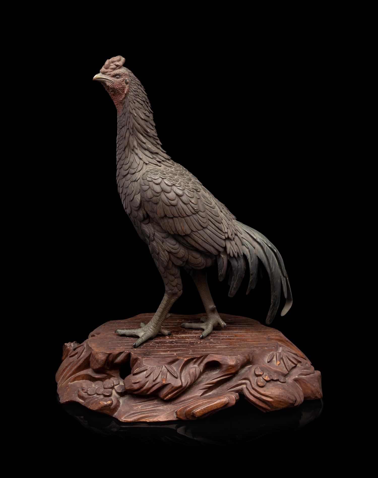 A Patinated-Bronze Okimono of a Cockerel