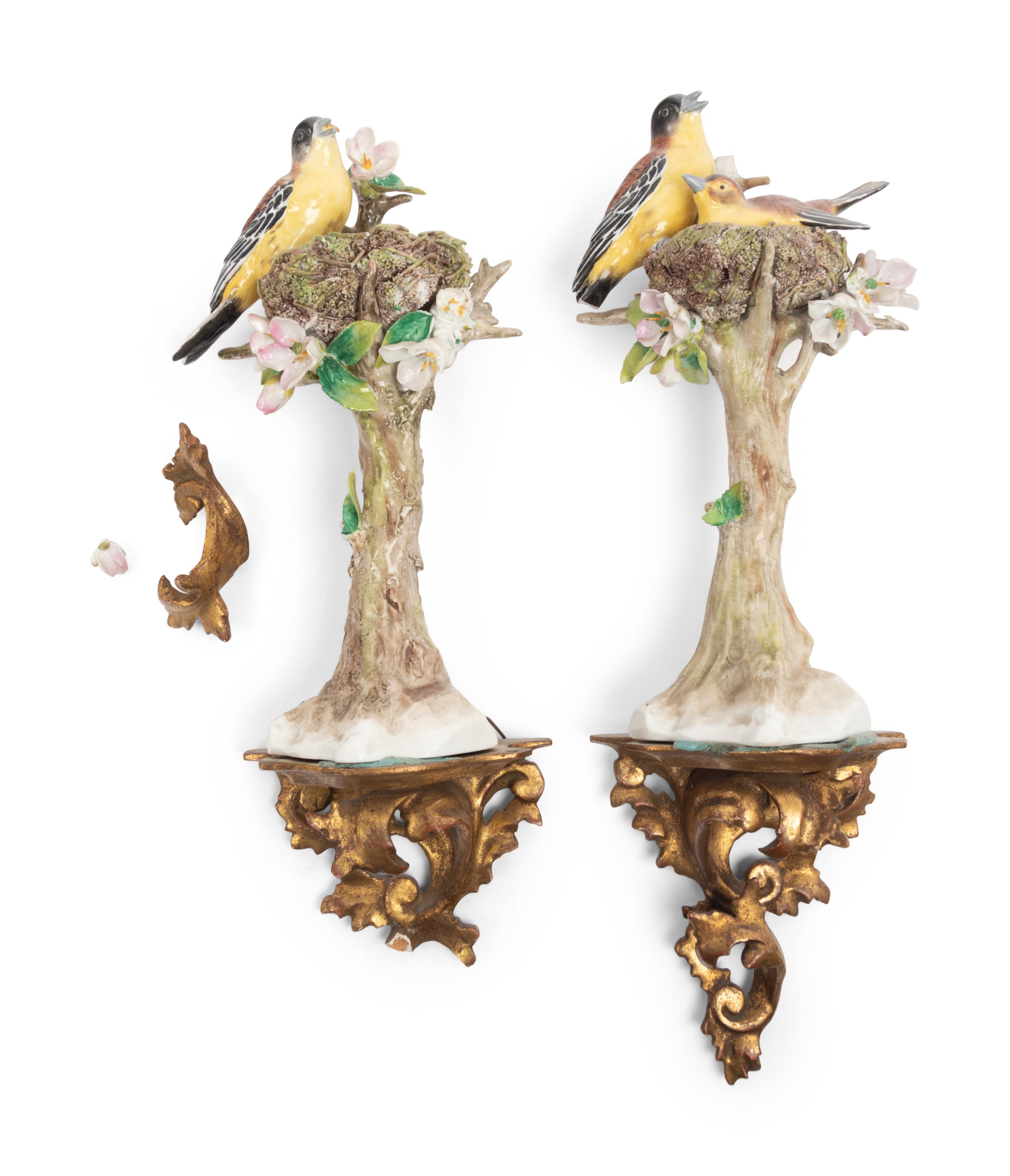 A Pair of Sitzendorf Porcelain Models of Birds with Giltwood Wall Brackets