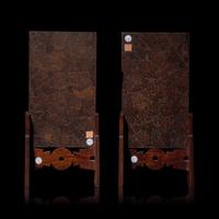 A Pair of Chinese Carved Coconut Veneered Table Screens 椰殼浮雕山水圖硯屏一對