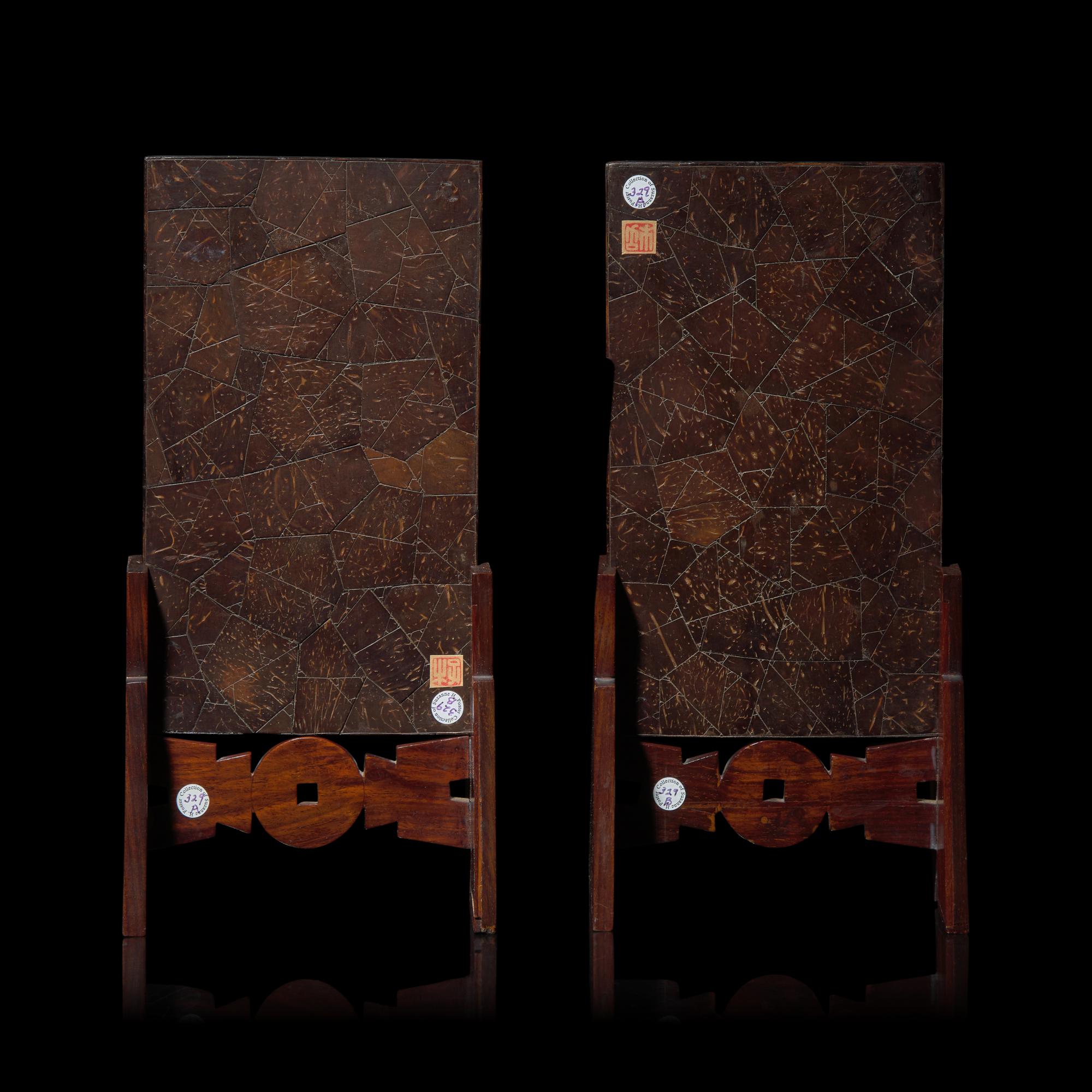 A Pair of Chinese Carved Coconut Veneered Table Screens 椰殼浮雕山水圖硯屏一對