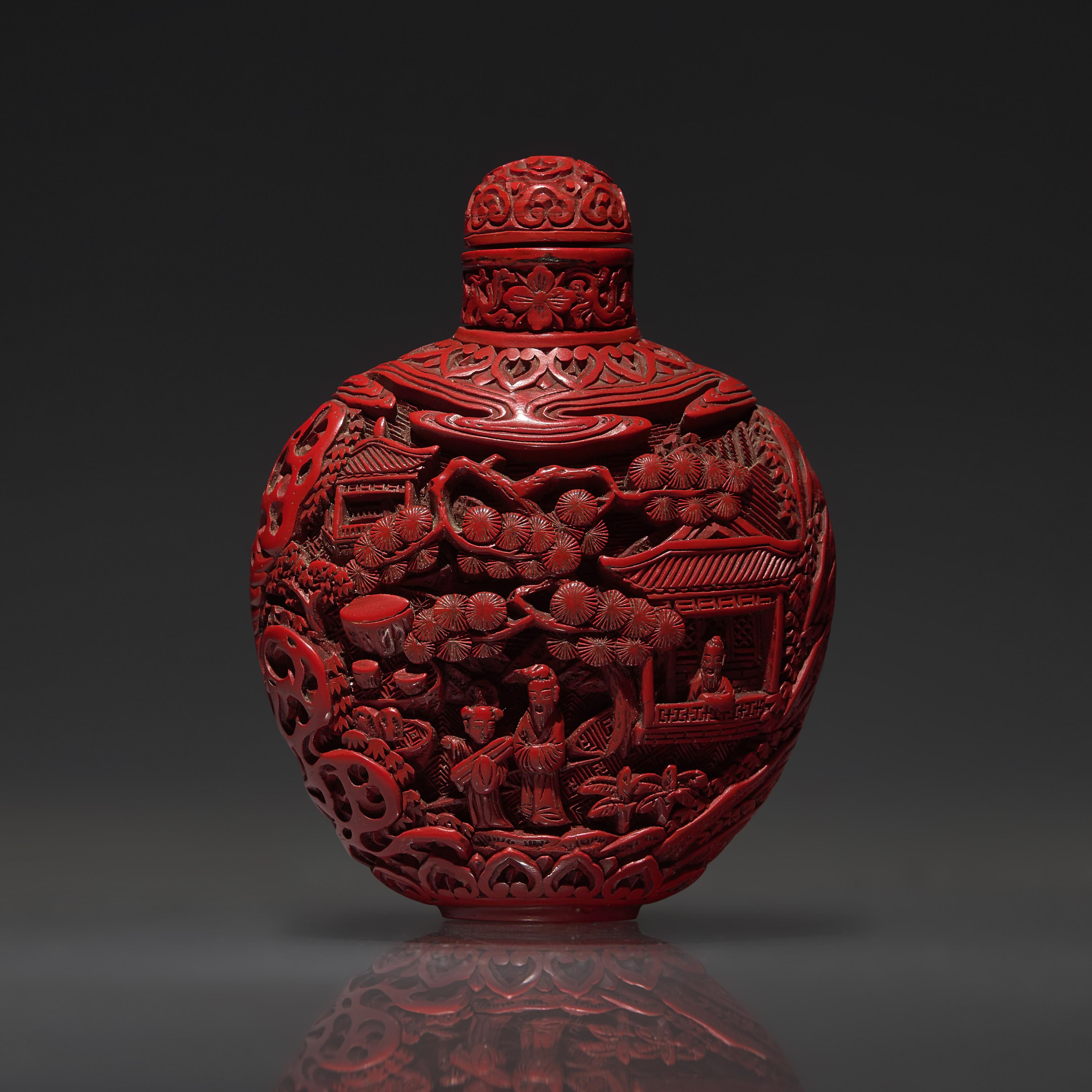 A Chinese Carved Cinnabar Lacquer Snuff Bottle, Qing Dynasty, 19th century — 清晚期 剔紅人物山水圖鼻煙壺