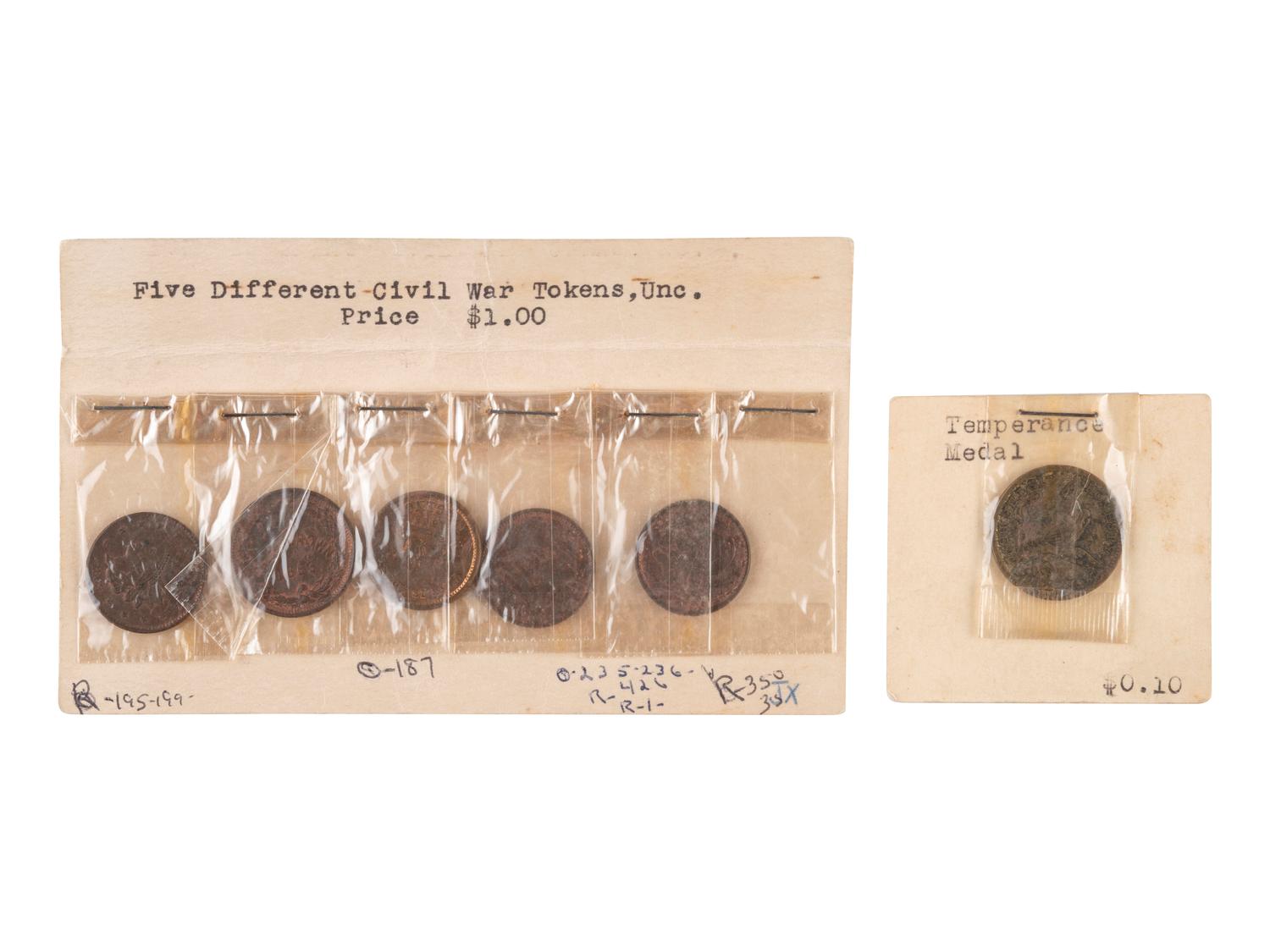 [CIVIL WAR]. 5 Civil War tokens and a temperance token.