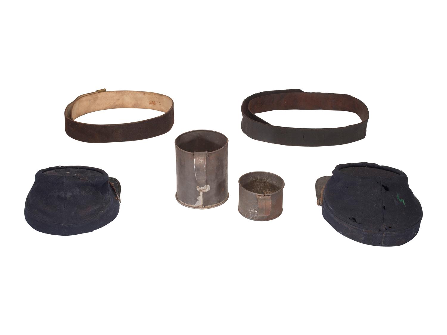 [CIVIL WAR - LATE INDIAN WARS]. 5 items, incl. pattern 1864 leather belt and kepis.