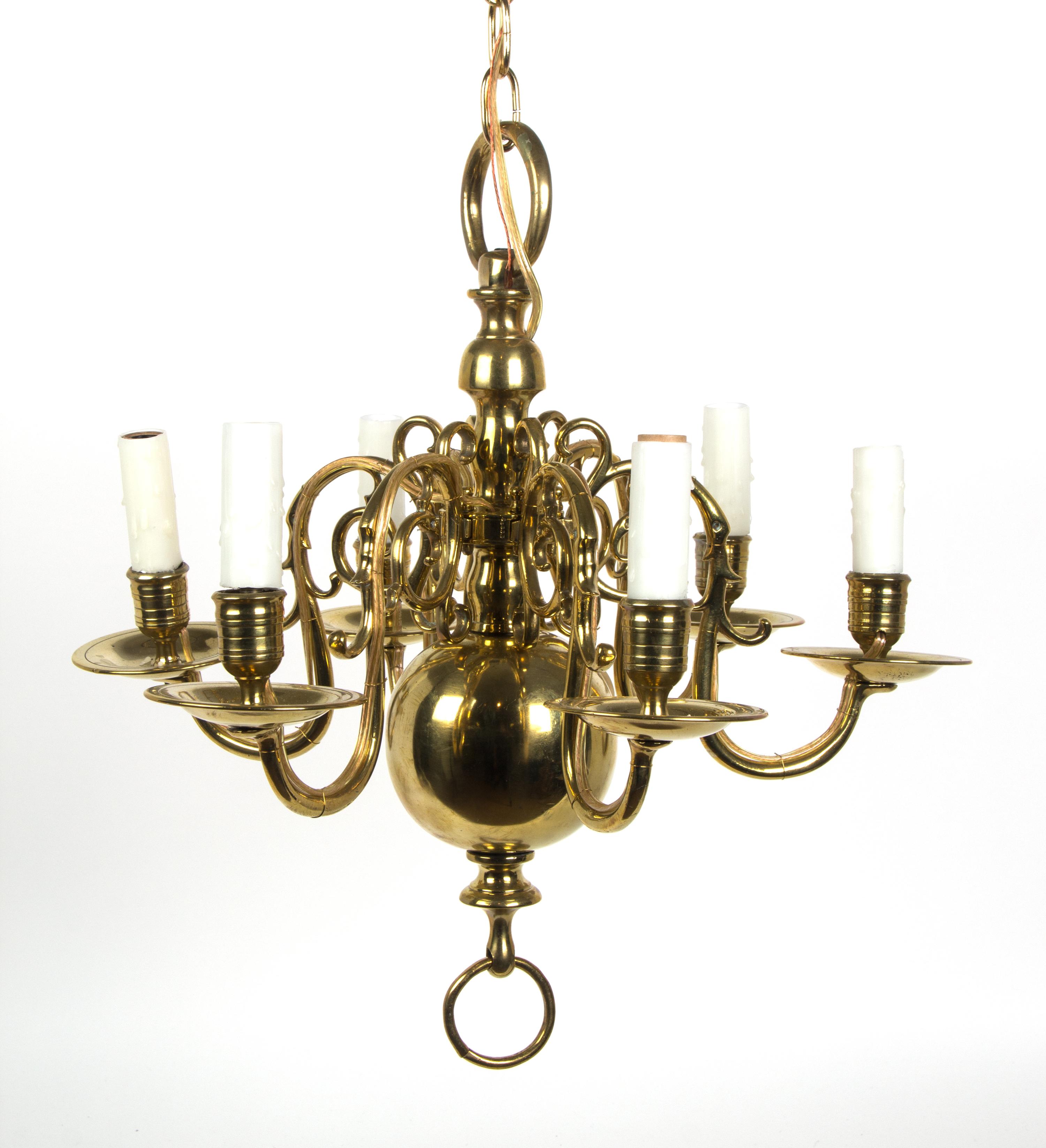 A Continental Six-Light Brass Chandelier