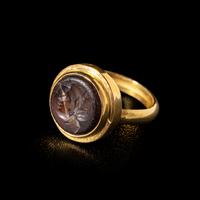 A Roman Carnelian Ring Stone with a Female Portrait Head — Set in a modern gold ring