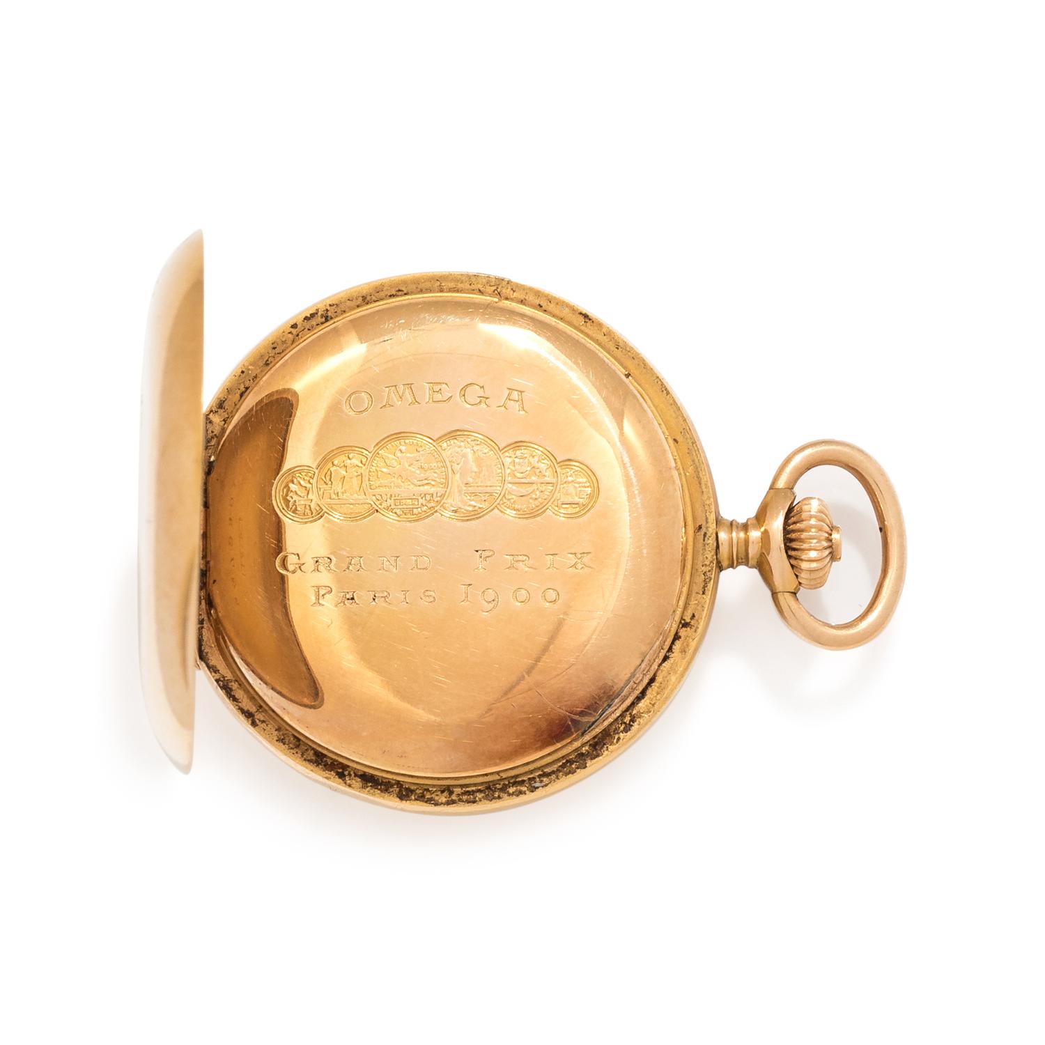 OMEGA, 18K YELLOW GOLD AND DIAMOND HUNTER CASE POCKET WATCH