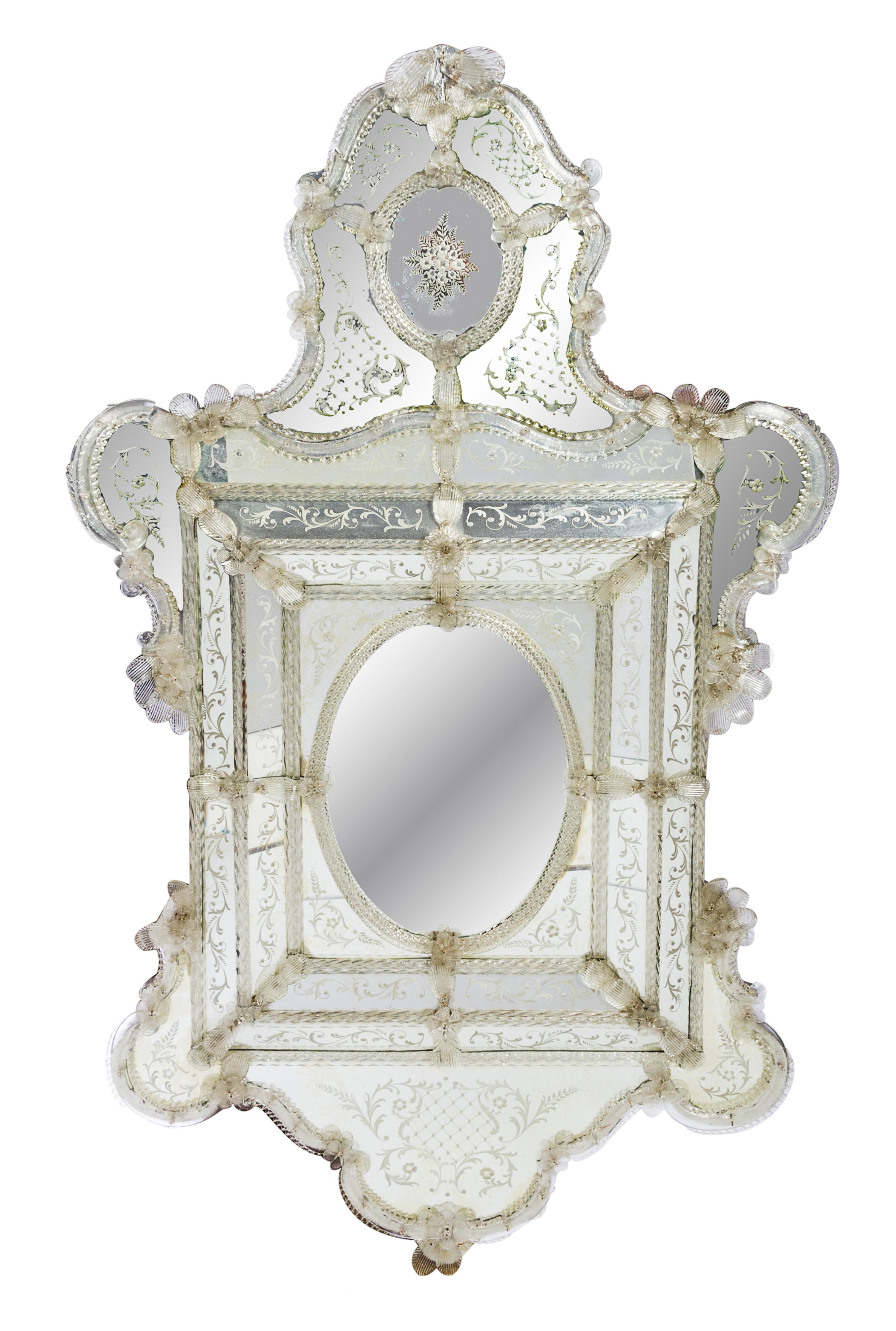 A Venetian Glass Mirror Height 66 1/4 inches.
