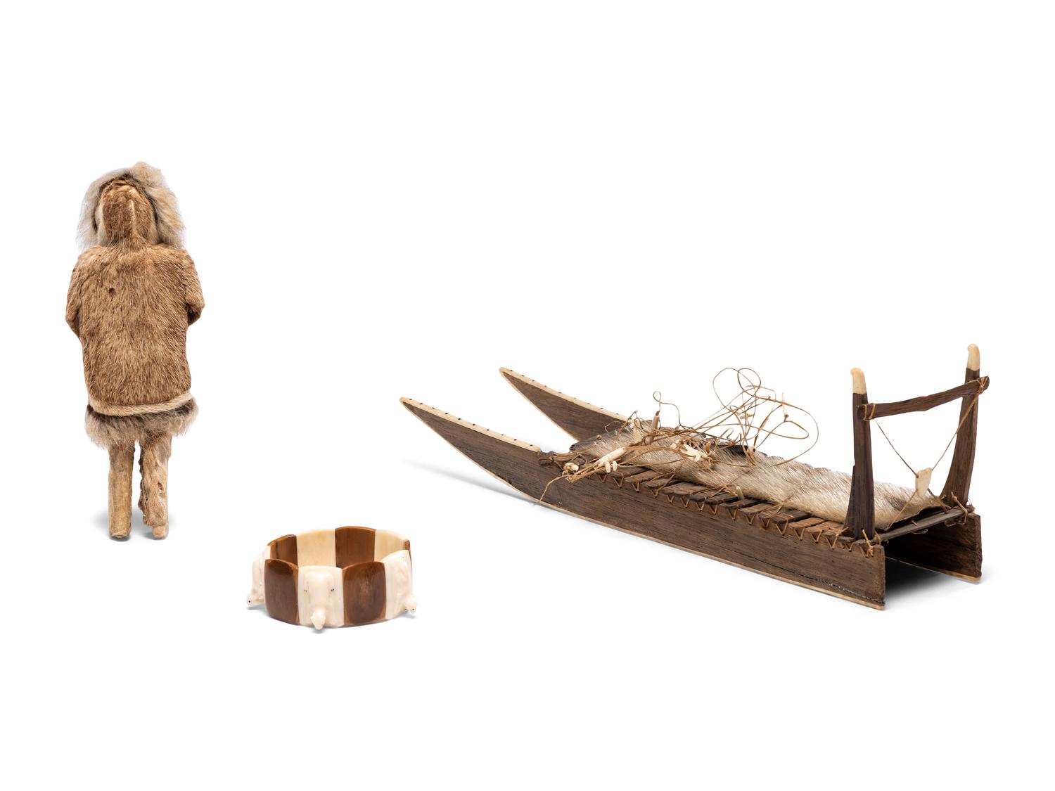 Alaskan Native Dog Sled, Doll, and Carved Elastic Bracelet