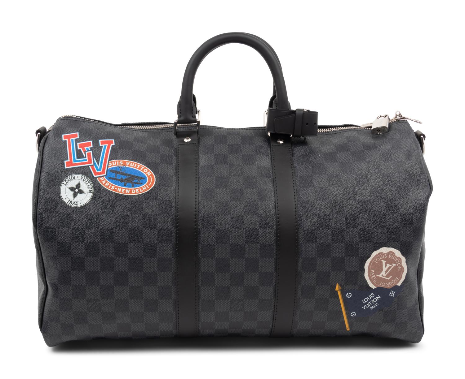 Louis Vuitton Limited Edition Keepall Bandoulière 45 in Damier Graphite Coated Canvas with Printed Travel "Stickers", LV League, Fall Winter 2017