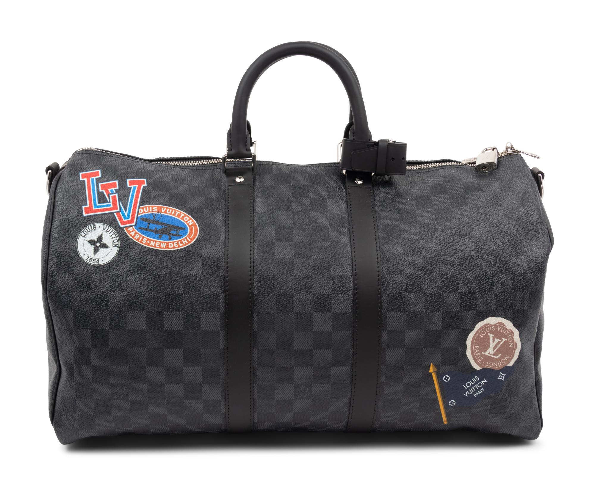 Louis Vuitton Limited Edition Keepall Bandoulière 45 in Damier Graphite Coated Canvas with Printed Travel "Stickers", LV League, Fall Winter 2017
