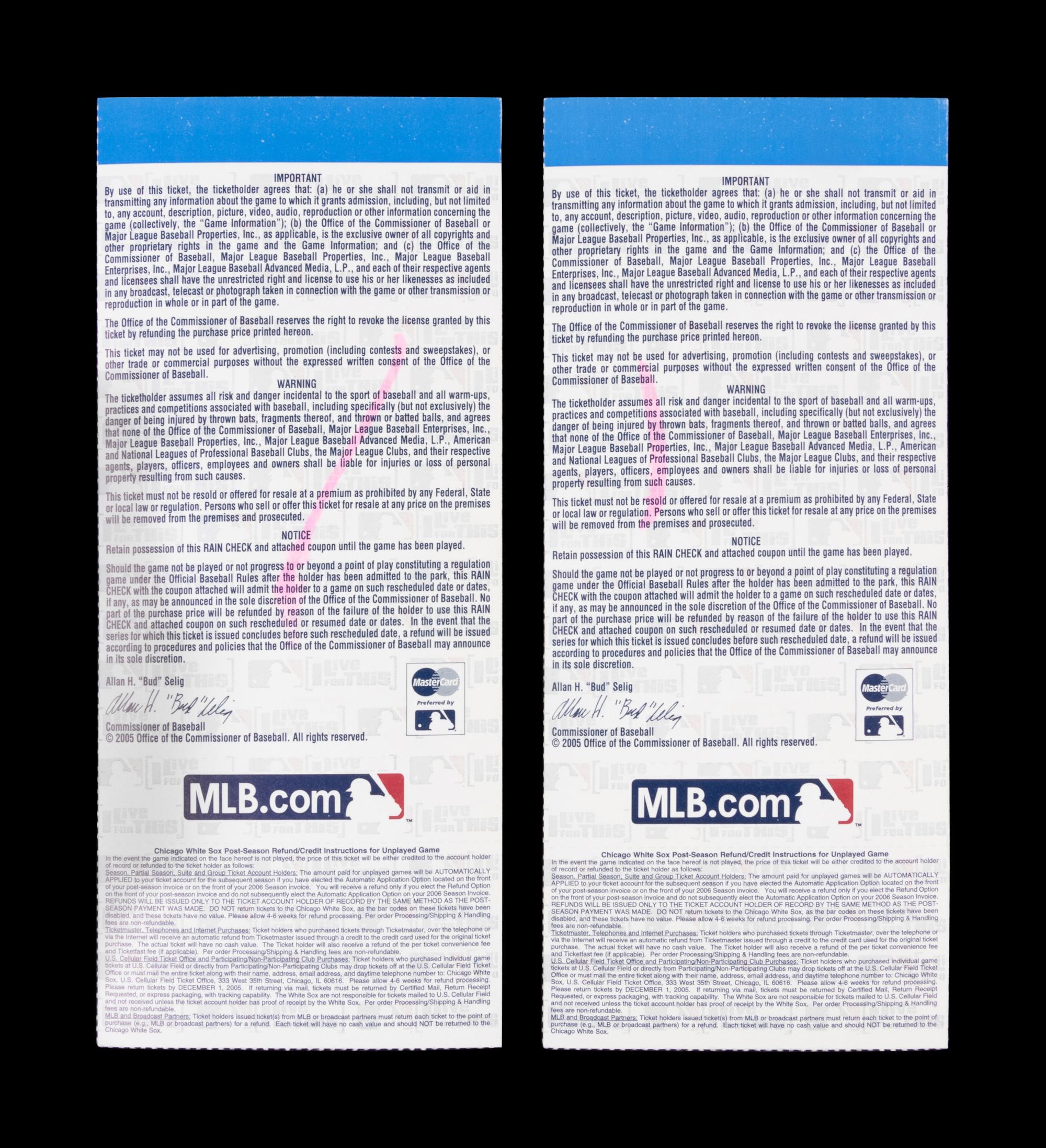 A Pair of Chicago White Sox vs. Houston Astros 2005 World Series Game One Ticket Stubs