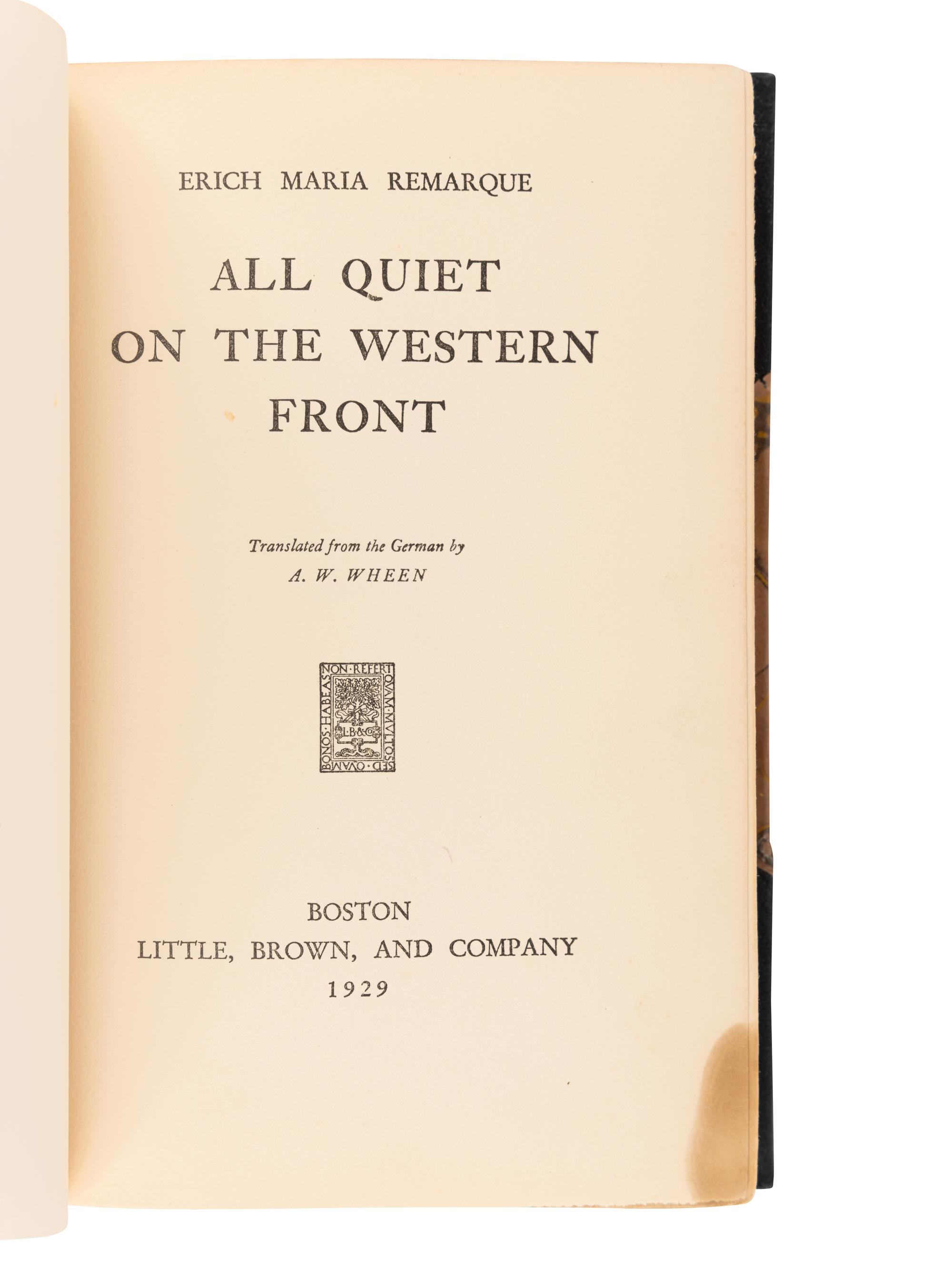 REMARQUE, Erich Maria (1898-1970). All Quiet on the Western Front. Boston: Little, Brown, & Company, 1929.