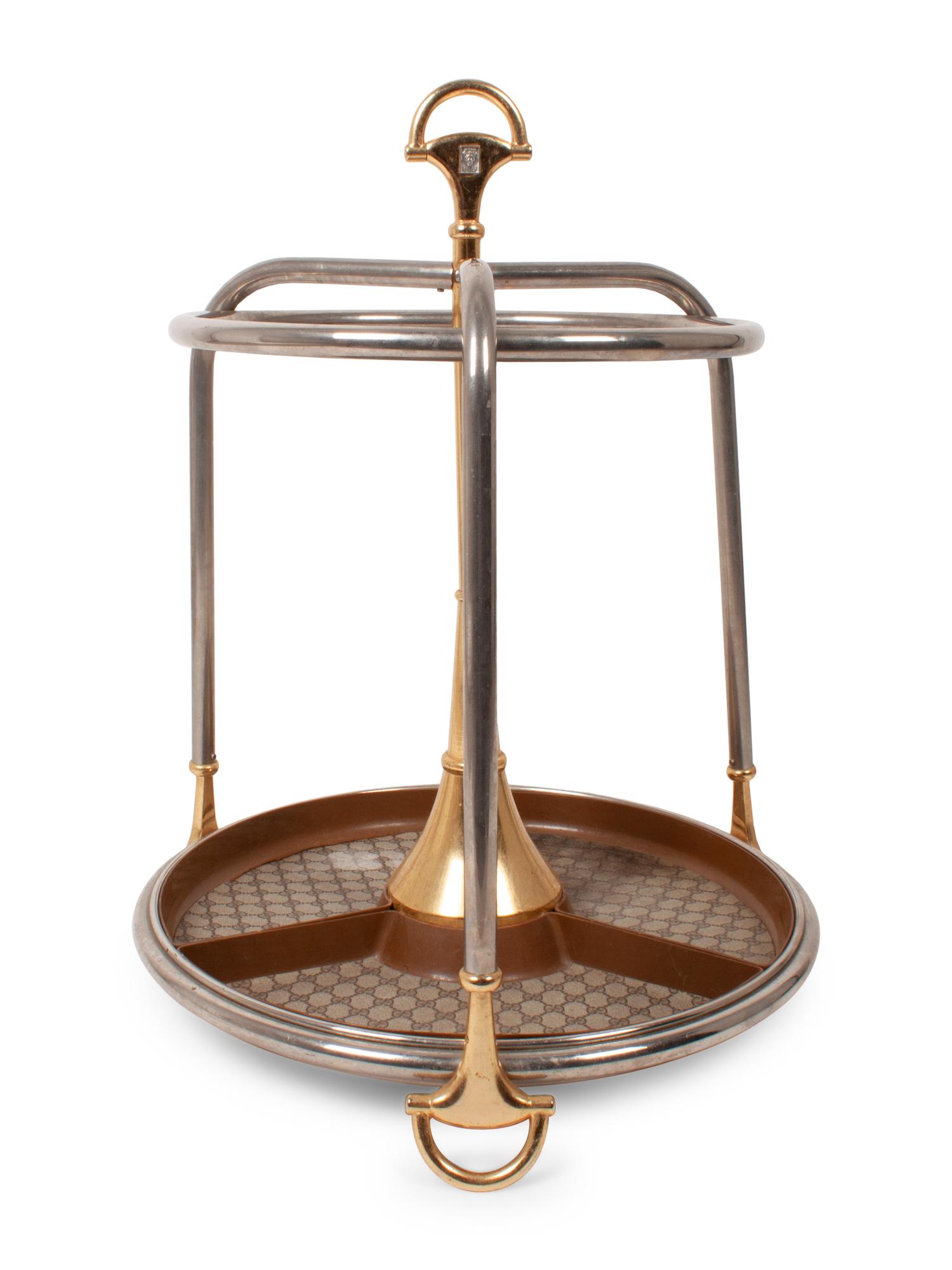 A Gucci Chrome, Brass and Monogram Canvas Umbrella Stand