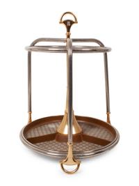A Gucci Chrome, Brass and Monogram Canvas Umbrella Stand