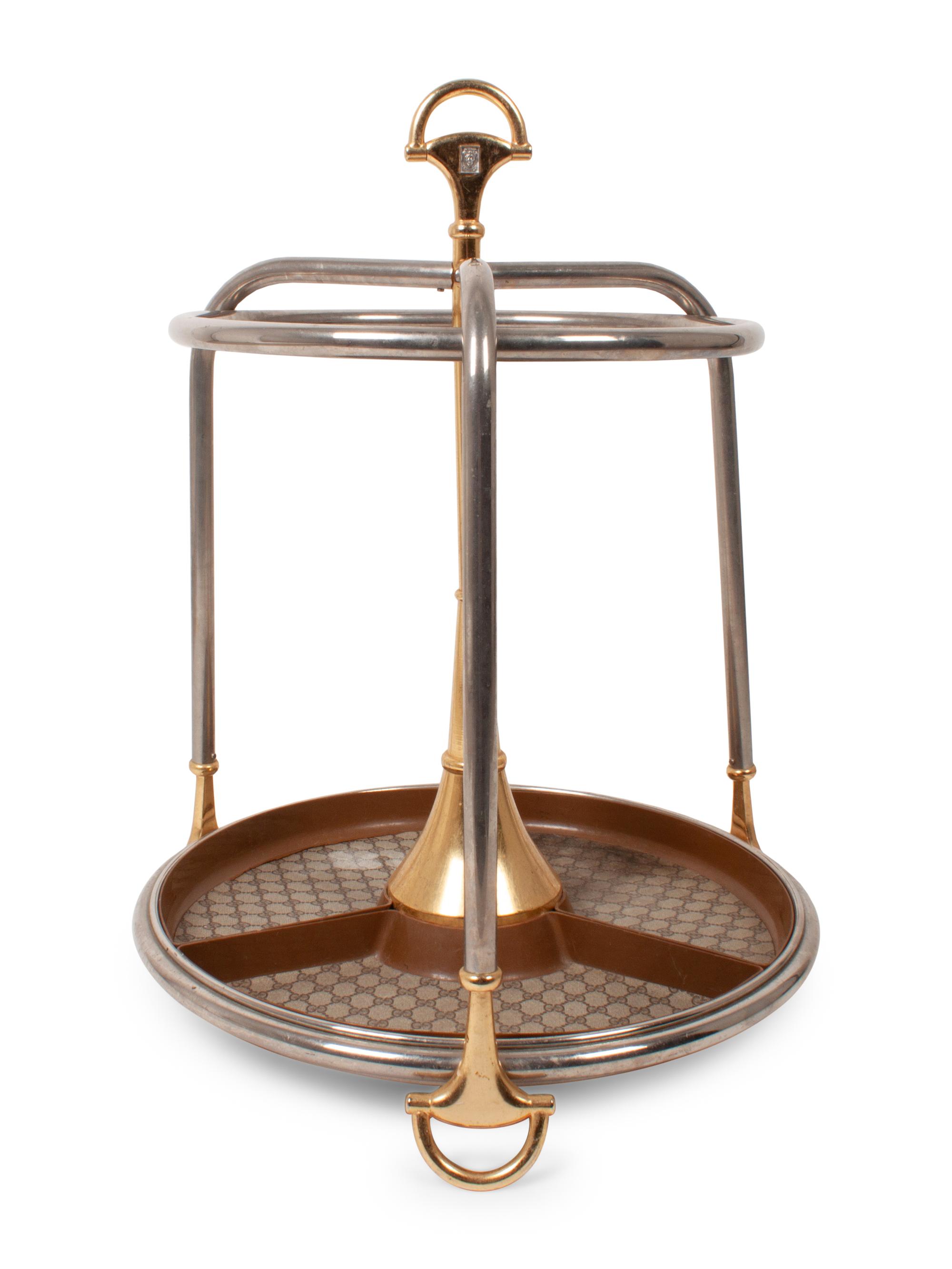 A Gucci Chrome, Brass and Monogram Canvas Umbrella Stand