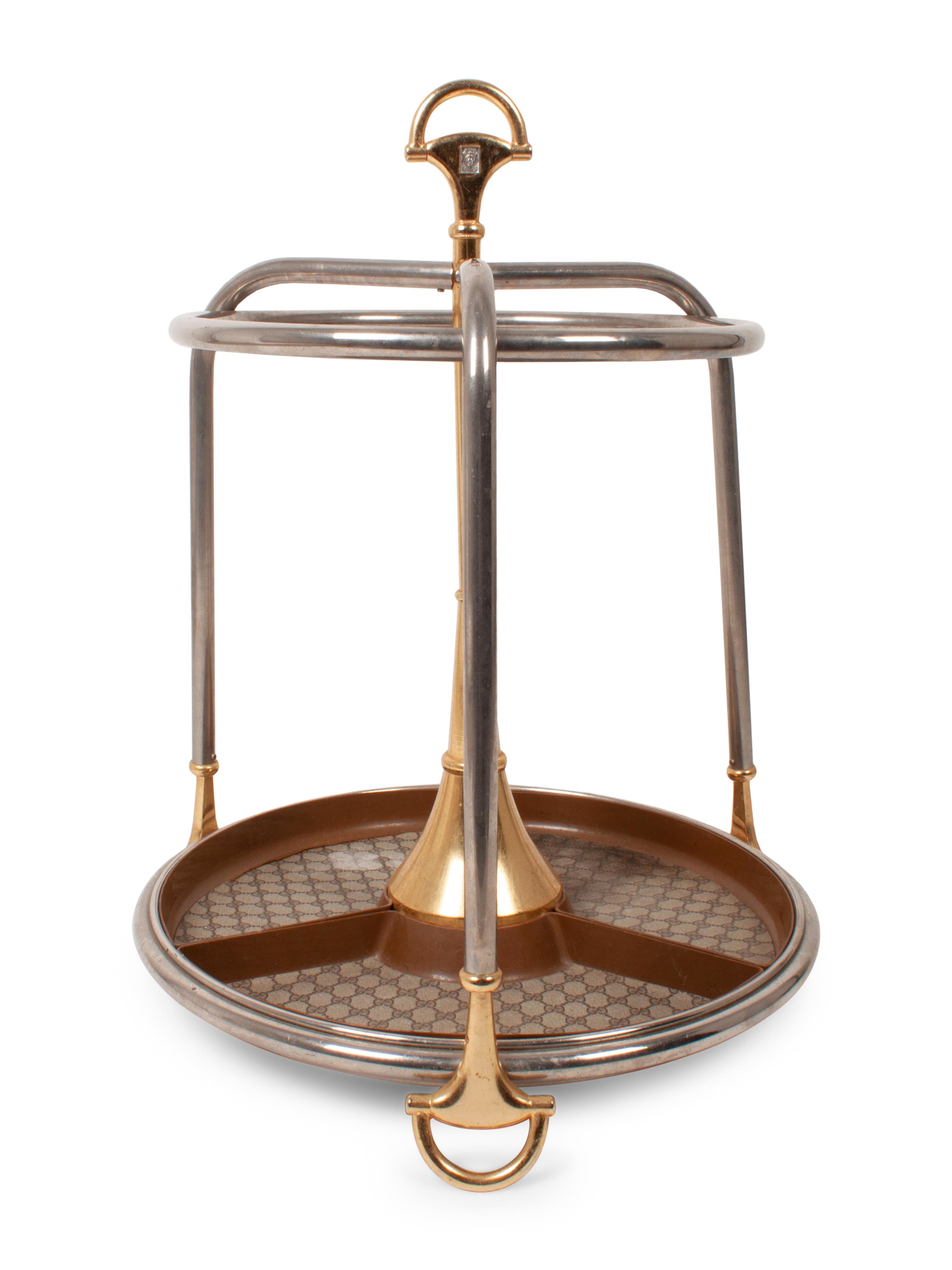 A Gucci Chrome, Brass and Monogram Canvas Umbrella Stand
