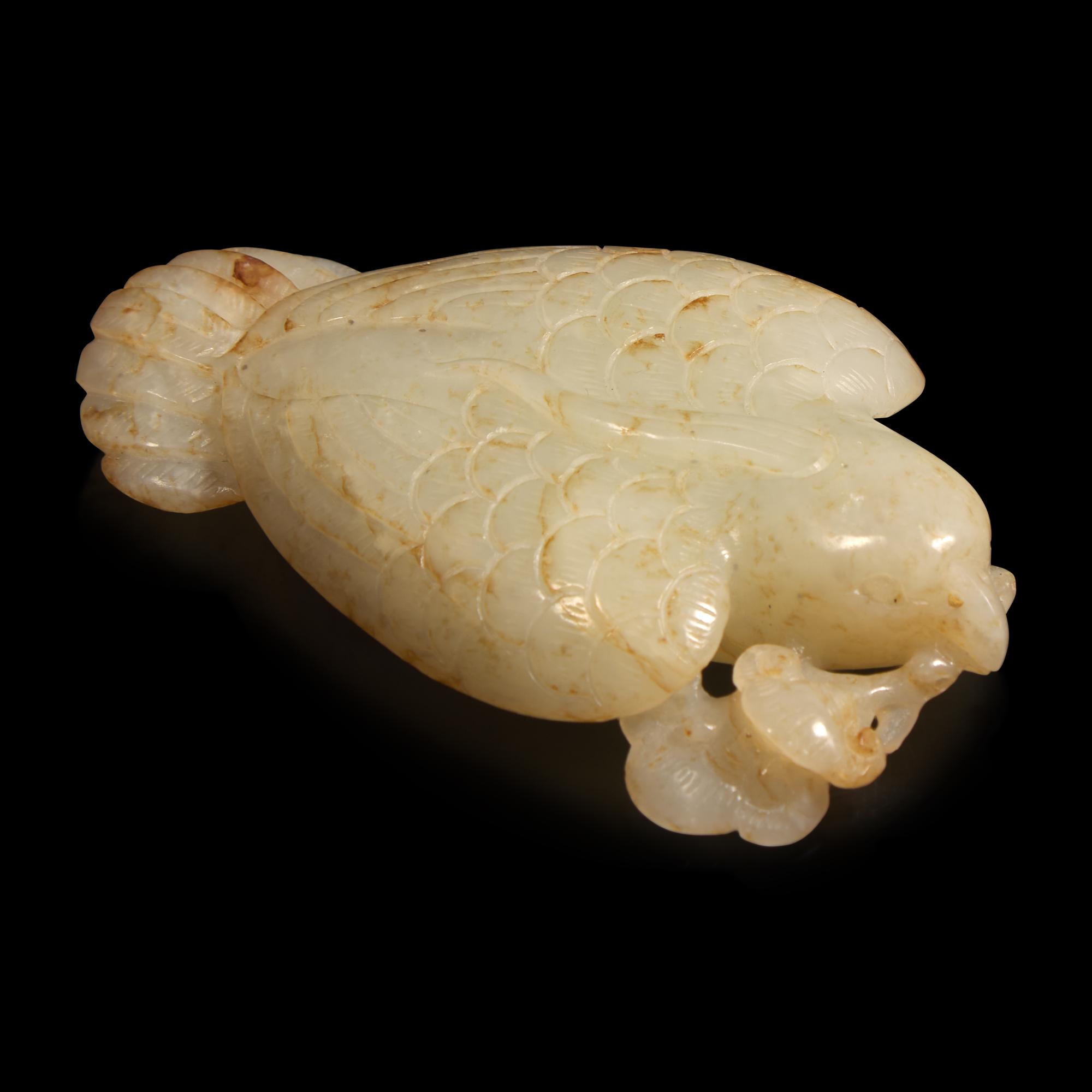 A Chinese Creamy White Jade Bird — 白玉鳳鳥銜靈芝佩