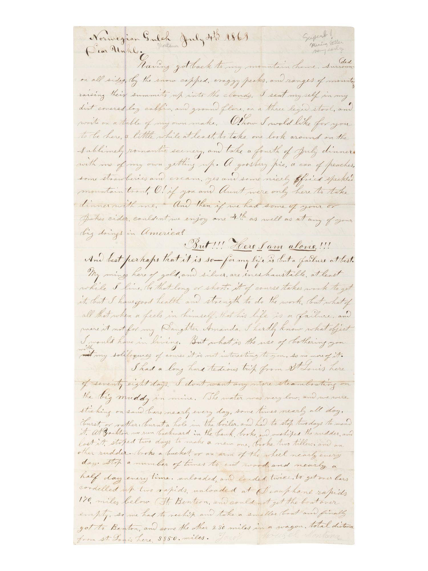 [WESTERN AMERICANA-MINING]. 2 manuscripts, incl. miner's letter from Norwegian Gulch (Montana), 1869